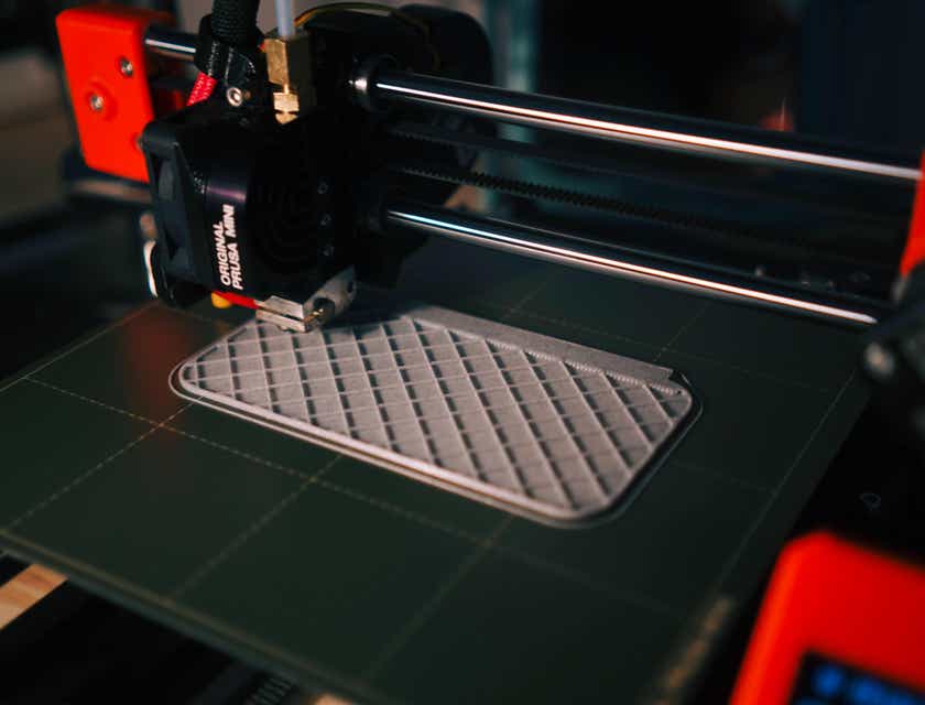 Una máquina de impresión 3D imprimiendo un objeto plateado en un logo para negocios de impresión 3D.
