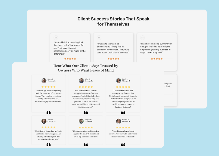 A collage of reviews section generated by Zarla showing different styles of testimonials