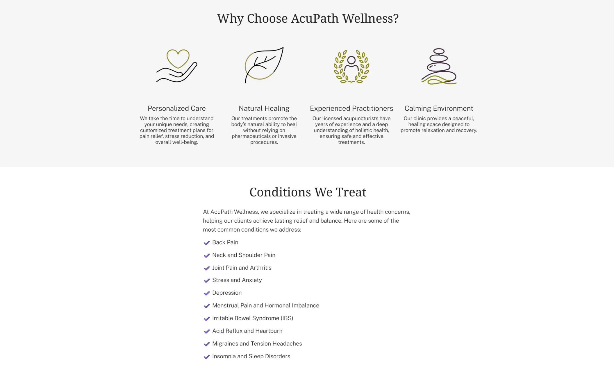 AcuPath Wellness' website displaying the "Why Choose AcuPath Wellness?" section, and "Conditions We Treat" section