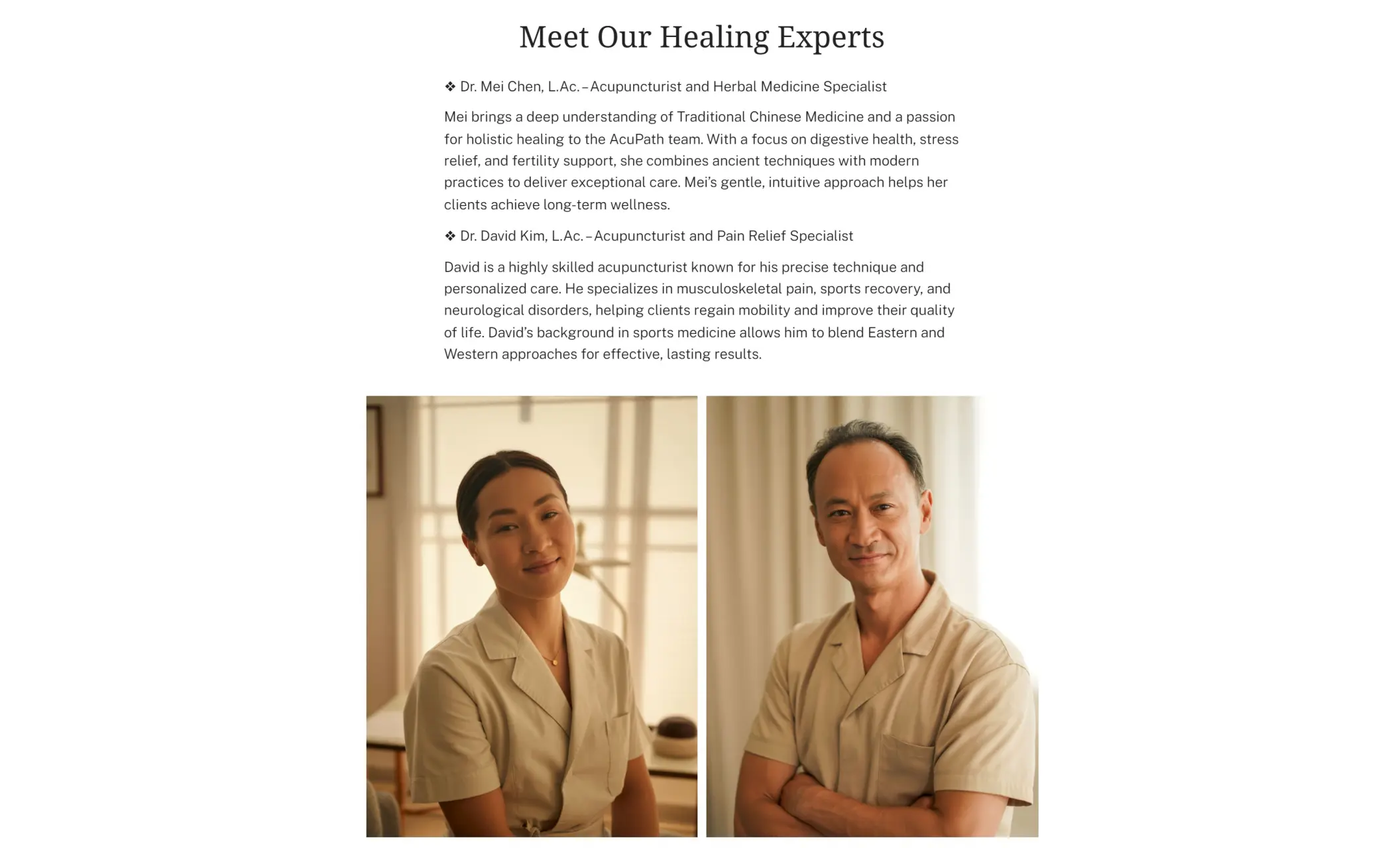 AcuPath Wellness' website displaying the company's team