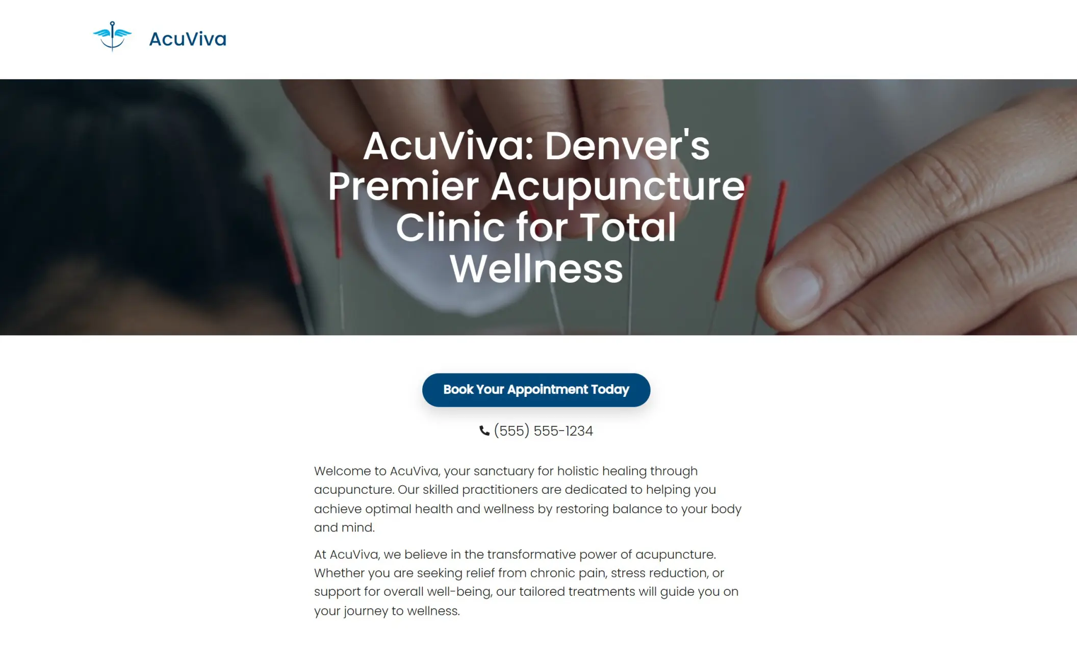AcuViva's homepage featuring the image of an acupuncturist's hands, company branding, call-to-action button, and a brief introduction of the company