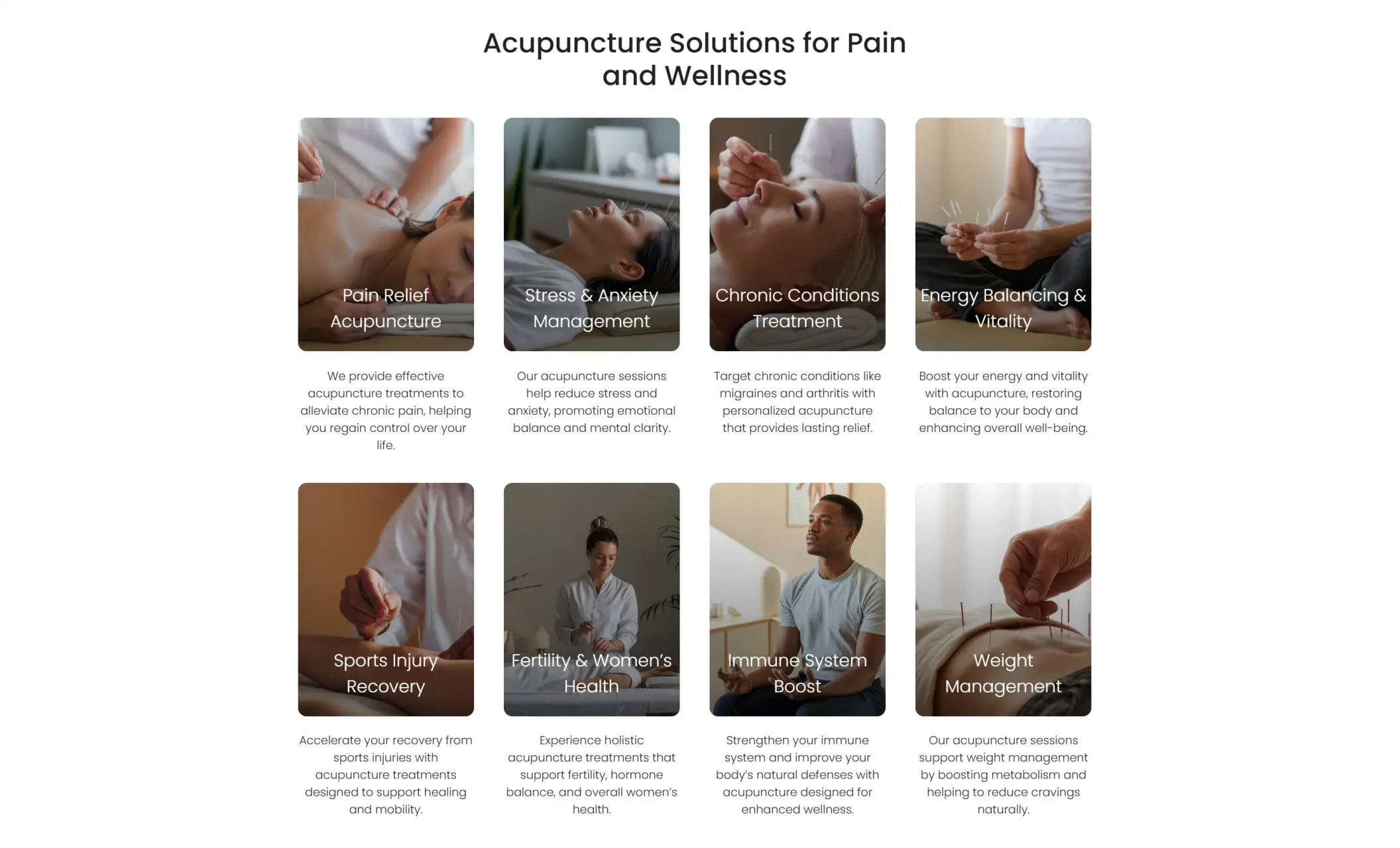AcuViva's website displaying services including pain relief acupuncture, stress & anxiety management, chronic conditions treatment, energy balancing & vitality, among others