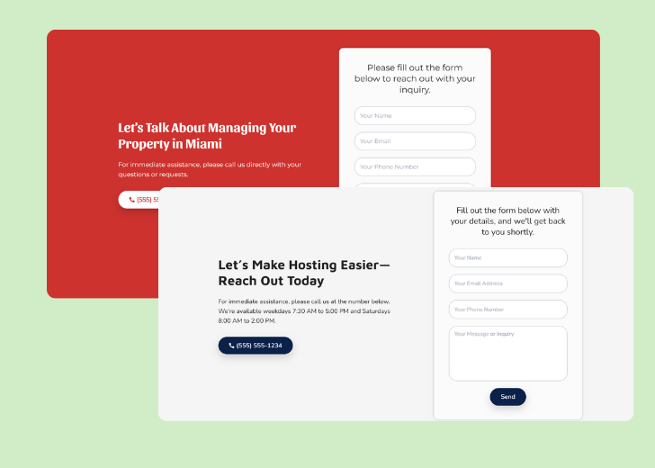 Screenshot of a contact form titled 'Get in touch' with a blue-colored primary button with a contact number, with input fields for Name, Email, and Message