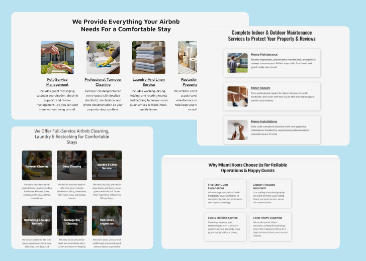 A collage of services section generated by Zarla showing different styles of service items, all having a picture, a title, and a brief description