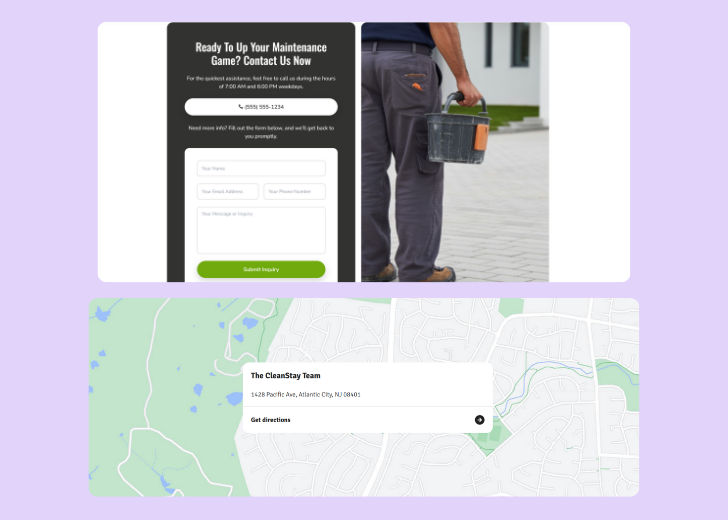 A screenshot of a header with navigation pills with contact number, a blue-colored primary button with contact number, and a 2D depiction of a map with a business address in the center