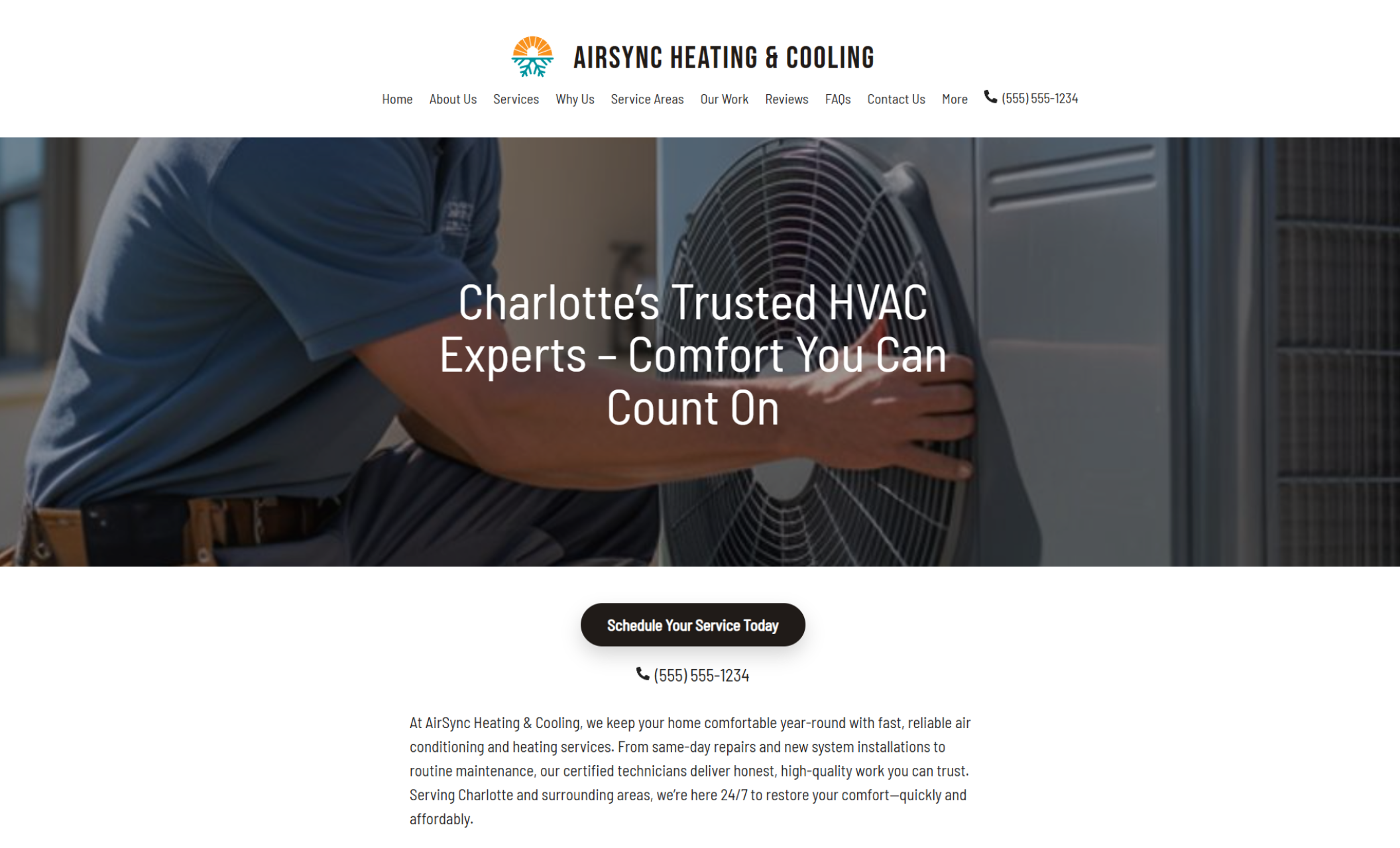 AirSync Heating & Cooling homepage featuring a technician adjusting an outdoor HVAC unit beside the headline “Charlotte’s Trusted HVAC Experts – Comfort You Can Count On” and a black button that says “Schedule Your Service Today.”