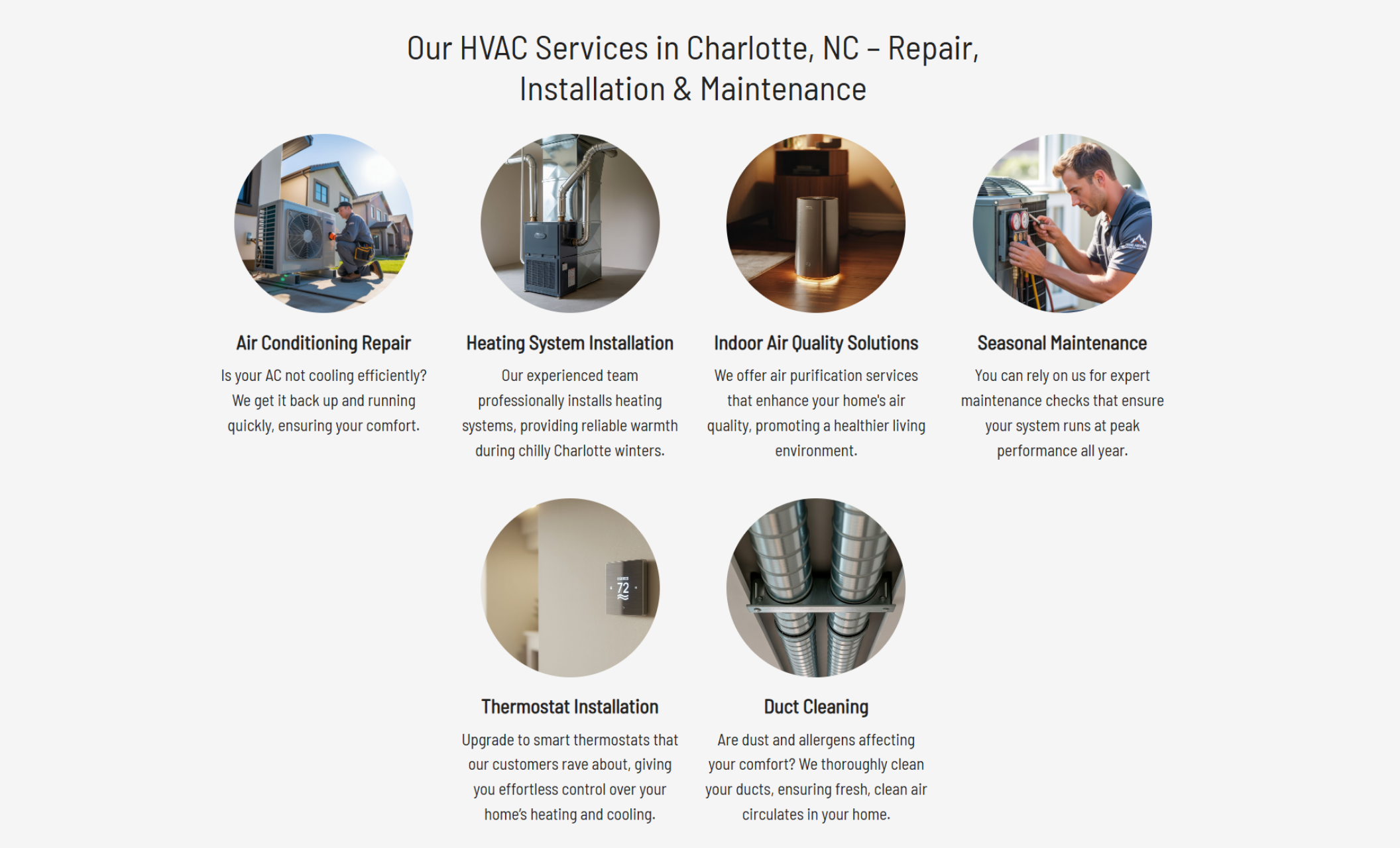 AirSync Heating & Cooling services section featuring six circular images labeled “Air Conditioning Repair,” “Heating System Installation,” “Indoor Air Quality Solutions,” “Seasonal Maintenance,” “Thermostat Installation,” and “Duct Cleaning.”