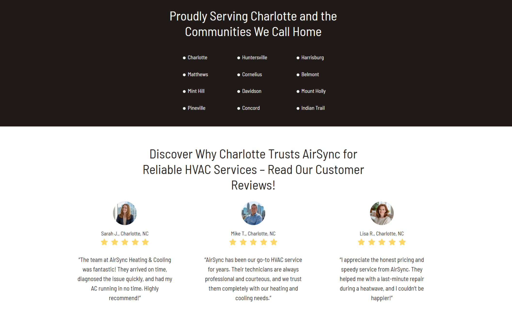 AirSync Heating & Cooling webpage showing a dark section listing Charlotte-area communities served, followed by a white review section with three customer testimonials and five-star ratings from satisfied clients in North Carolina