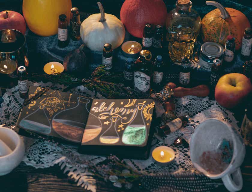 Unterschiedliche Elixiere liegen neben einem Buch über Alchemie und dekorativen Kürbissen auf einem Tisch.