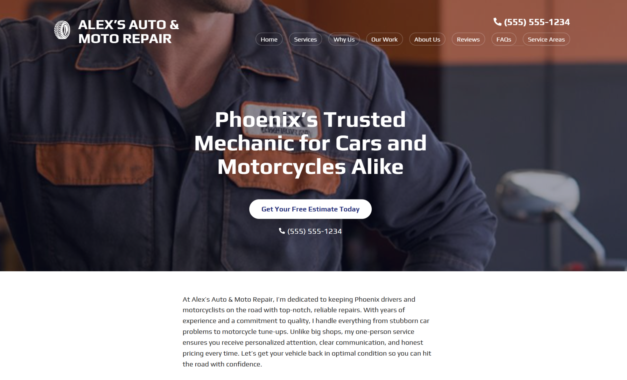 Alex’s Auto & Moto Repair homepage featuring a mechanic in a dark work uniform beside the headline “Phoenix’s Trusted Mechanic for Cars and Motorcycles Alike” and a white button that says “Get Your Free Estimate Today.”