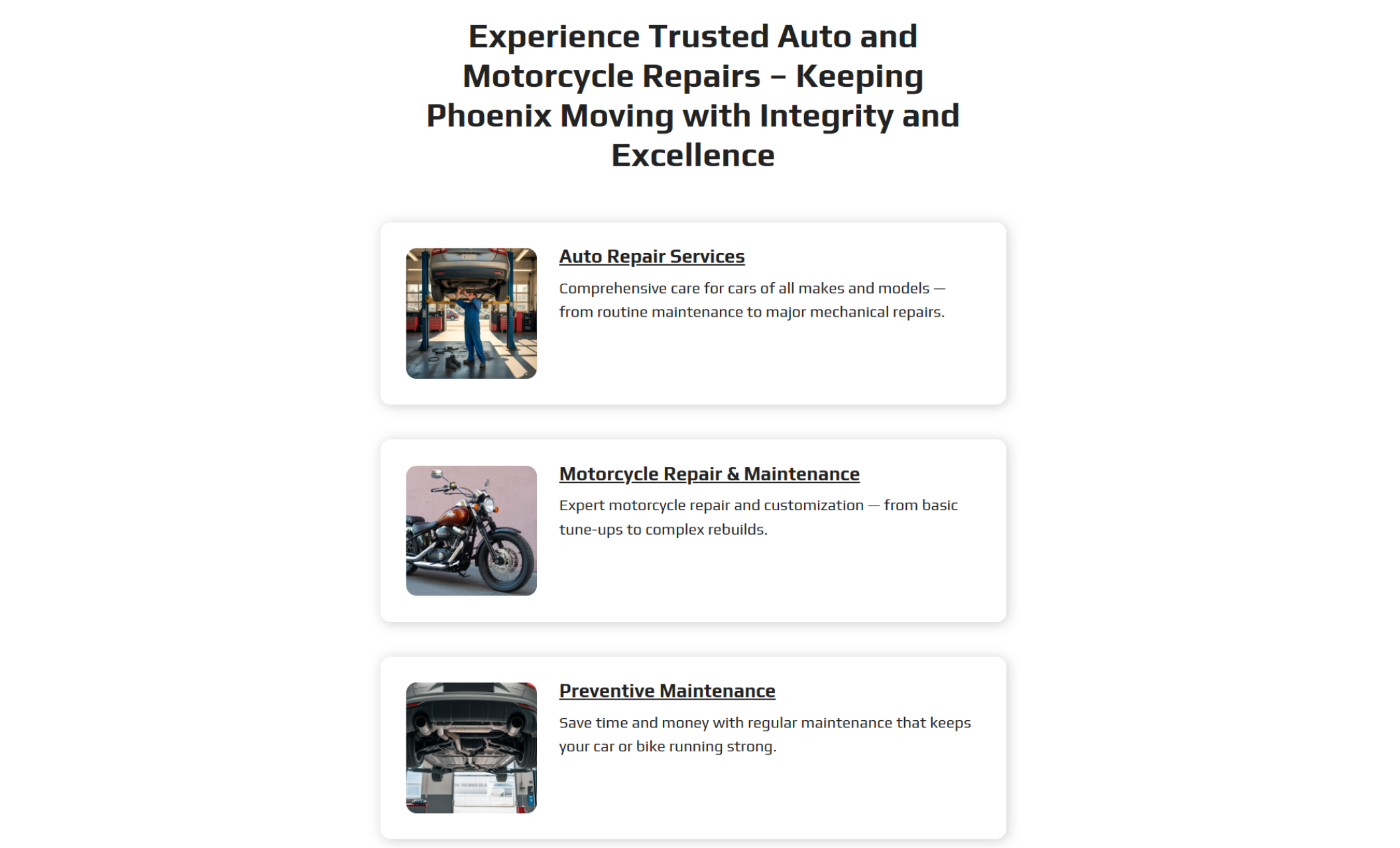Alex’s Auto & Moto Repair services section featuring three cards labeled Auto Repair Services, Motorcycle Repair & Maintenance, and Preventive Maintenance beneath the headline “Experience Trusted Auto and Motorcycle Repairs — Keeping Phoenix Moving with Integrity and Excellence.”
