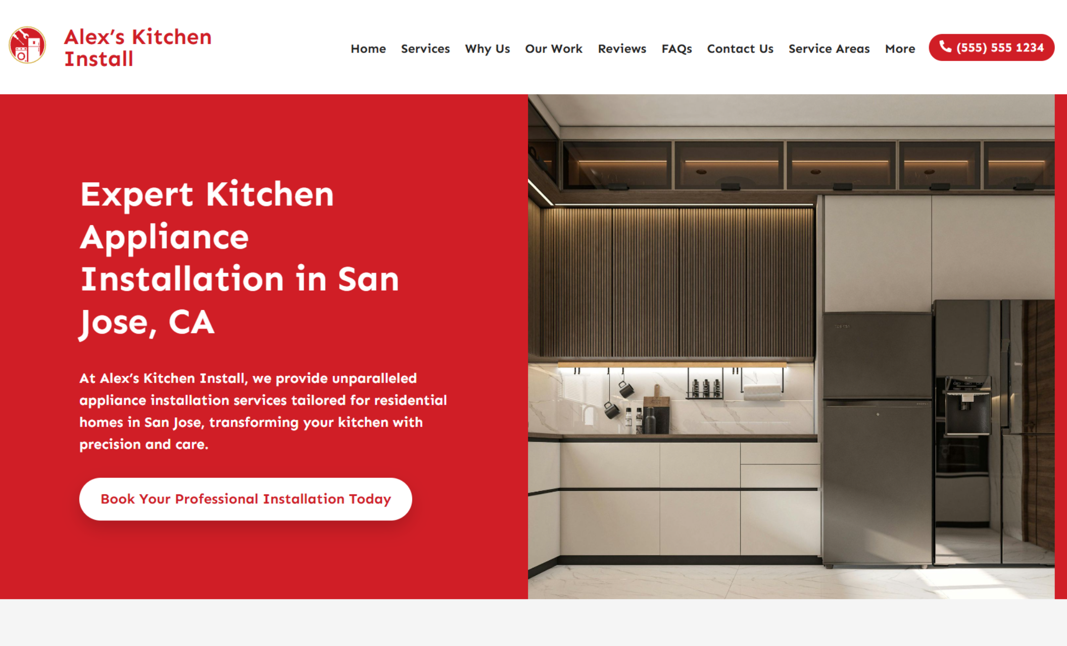 Alex’s Kitchen Install homepage hero featuring a bold red panel with the headline “Expert Kitchen Appliance Installation in San Jose, CA,” a white button reading “Book Your Professional Installation Today,” and a modern kitchen photo with built-in appliances