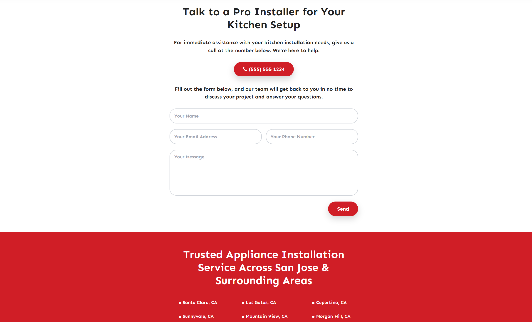 Alex’s Kitchen Install contact section featuring the headline “Talk to a Pro Installer for Your Kitchen Setup,” a red phone button, and a large contact form with a “Send” button above a red service-area banner