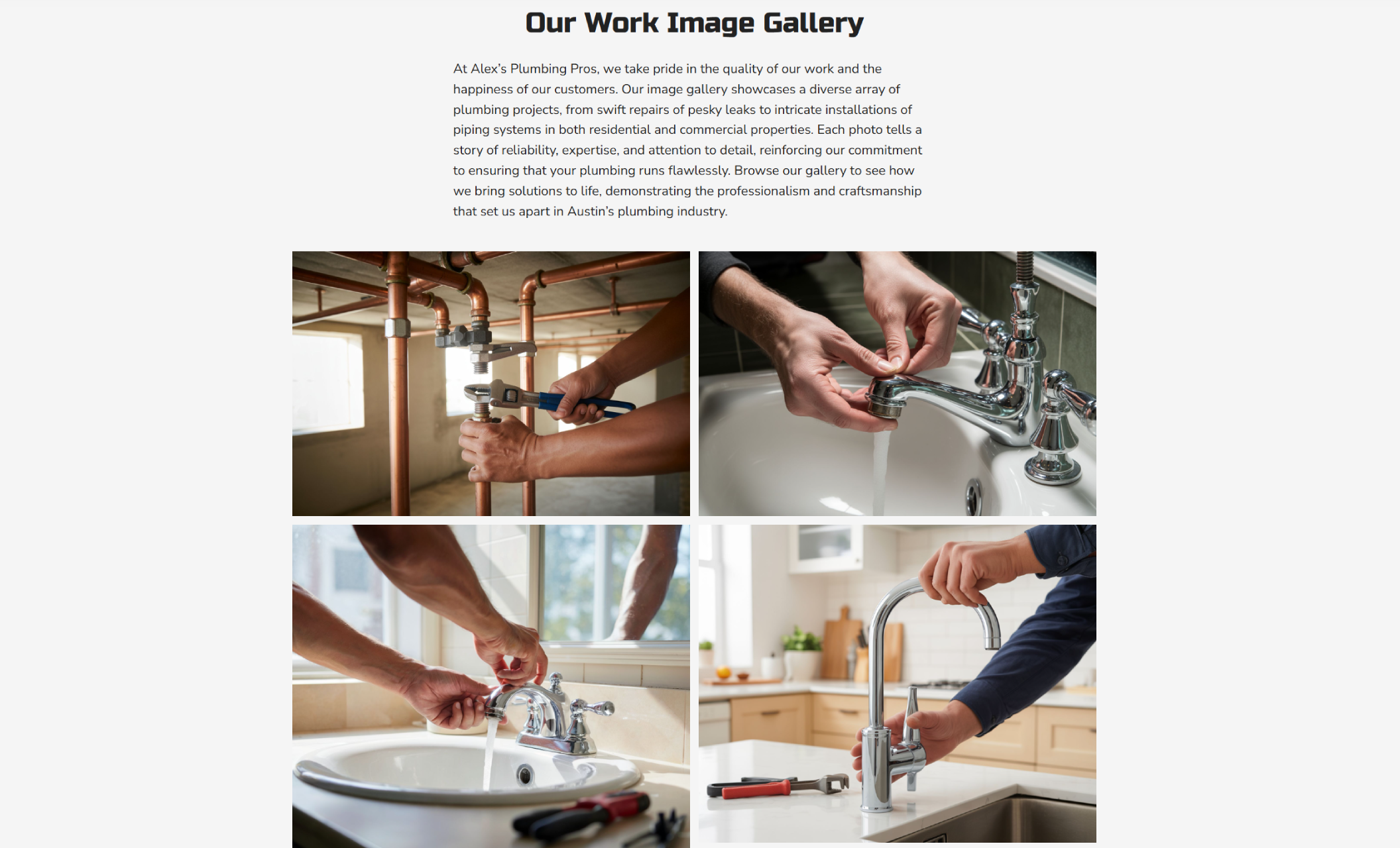 Alex’s Plumbing Pros “Our Work Image Gallery” section showcasing four photos of pipe repairs, faucet installations, and sink plumbing beneath a description highlighting craftsmanship and residential and commercial expertise in Austin