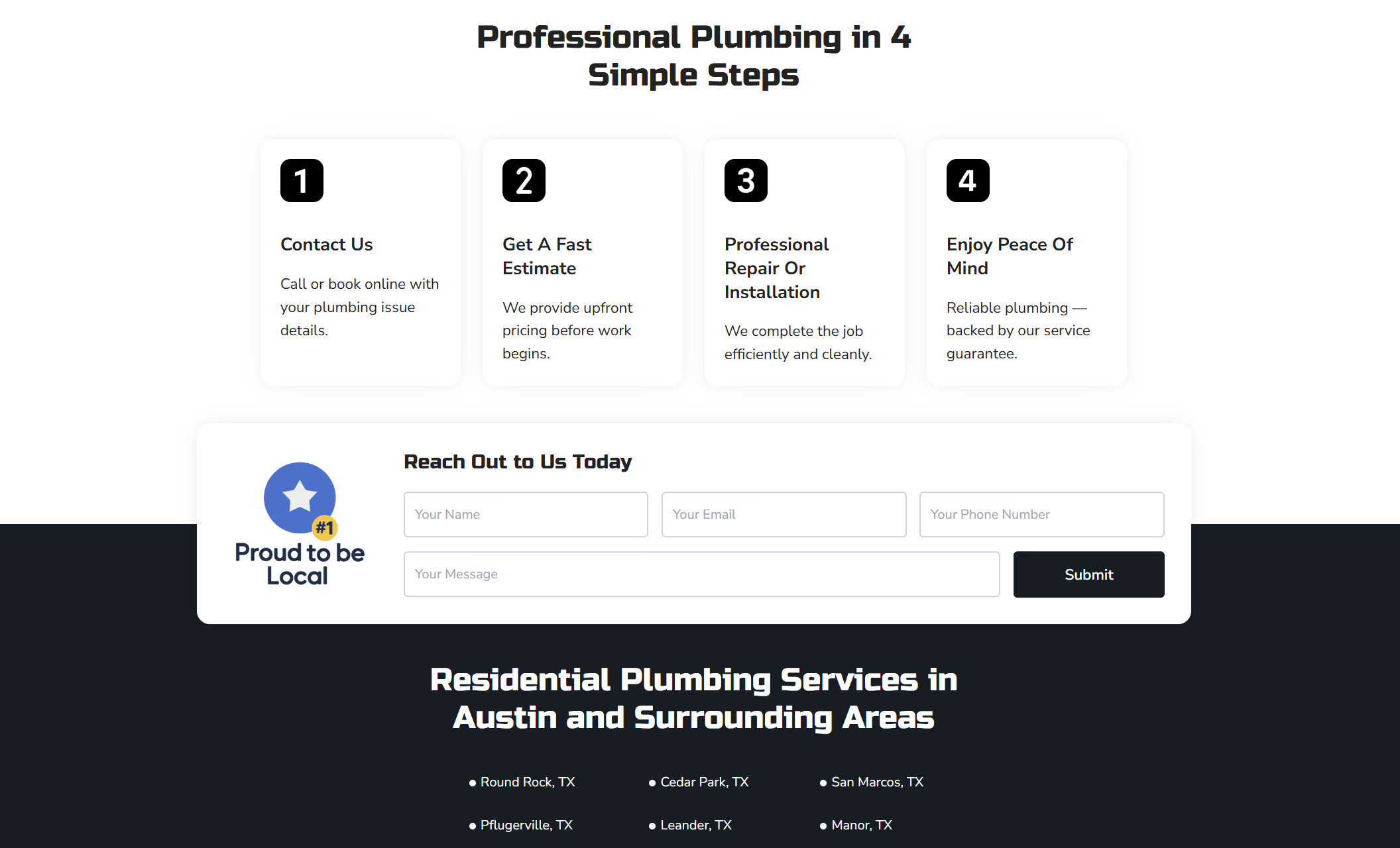 Alex’s Plumbing Pros webpage section titled “Professional Plumbing in 4 Simple Steps,” showing contact, estimate, repair, and peace-of-mind steps above a local contact form and service areas in Austin, TX