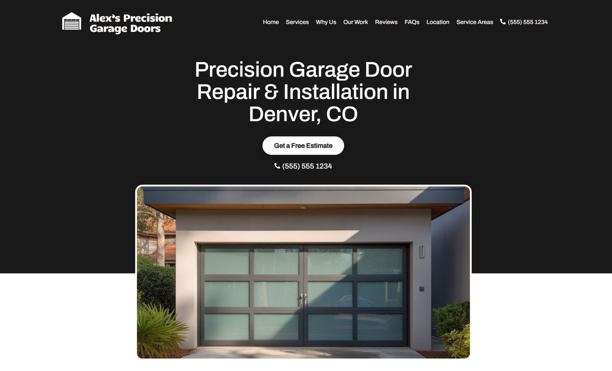 Alex’s Precision Garage Doors homepage featuring the headline “Precision Garage Door Repair & Installation in Denver, CO” with a “Get a Free Estimate” button above a large photo of a modern frosted-glass garage door