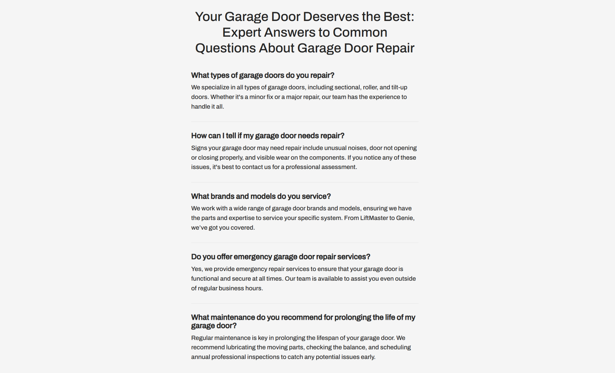 FAQ section titled “Your Garage Door Deserves the Best: Expert Answers to Common Questions About Garage Door Repair” featuring five question-and-answer entries in a clean, minimalist layout