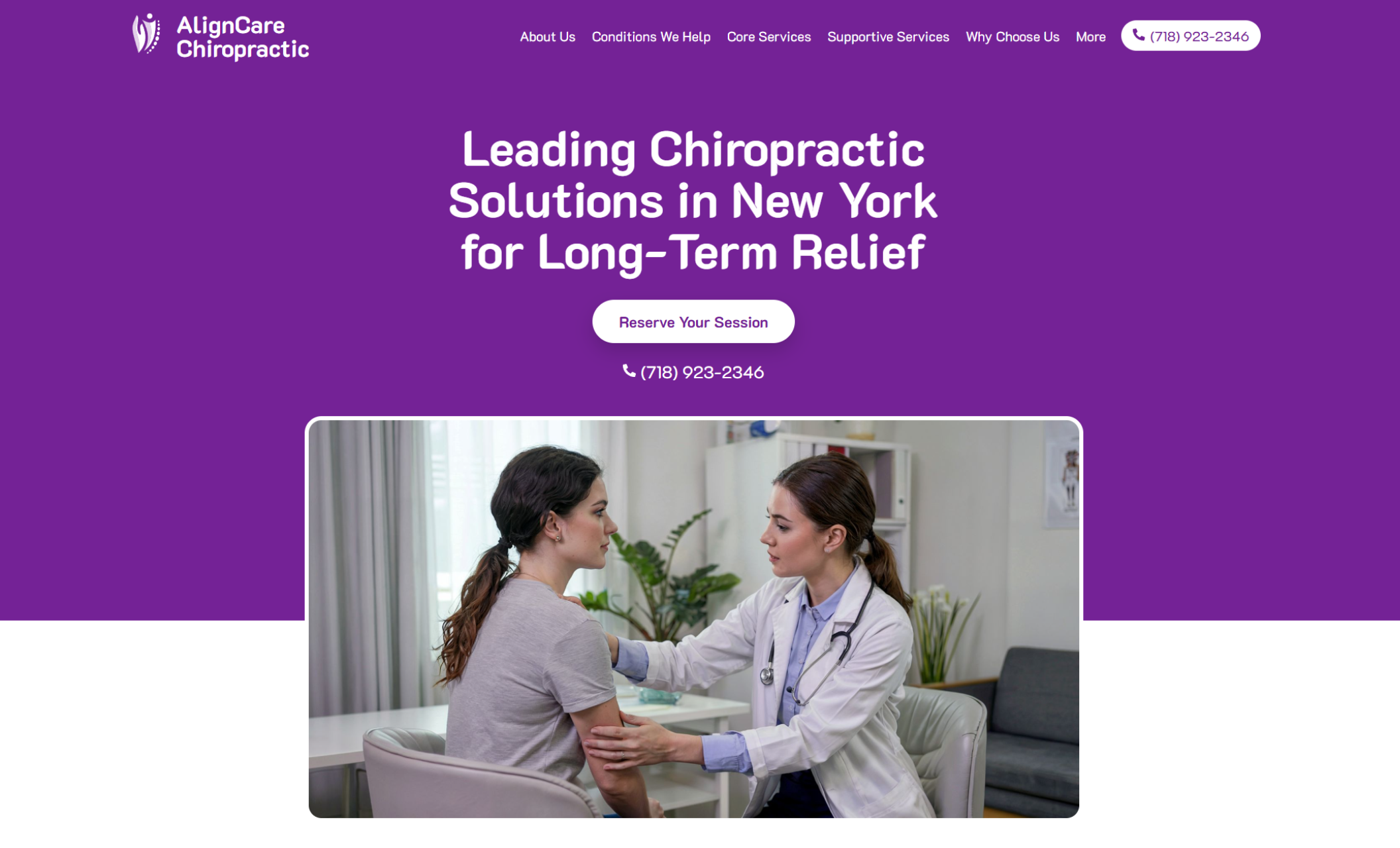 AlignCare Chiropractic homepage with a bright purple background, bold white headline, call-to-action button, and a photo of a doctor consulting with a female patient in a clinical setting