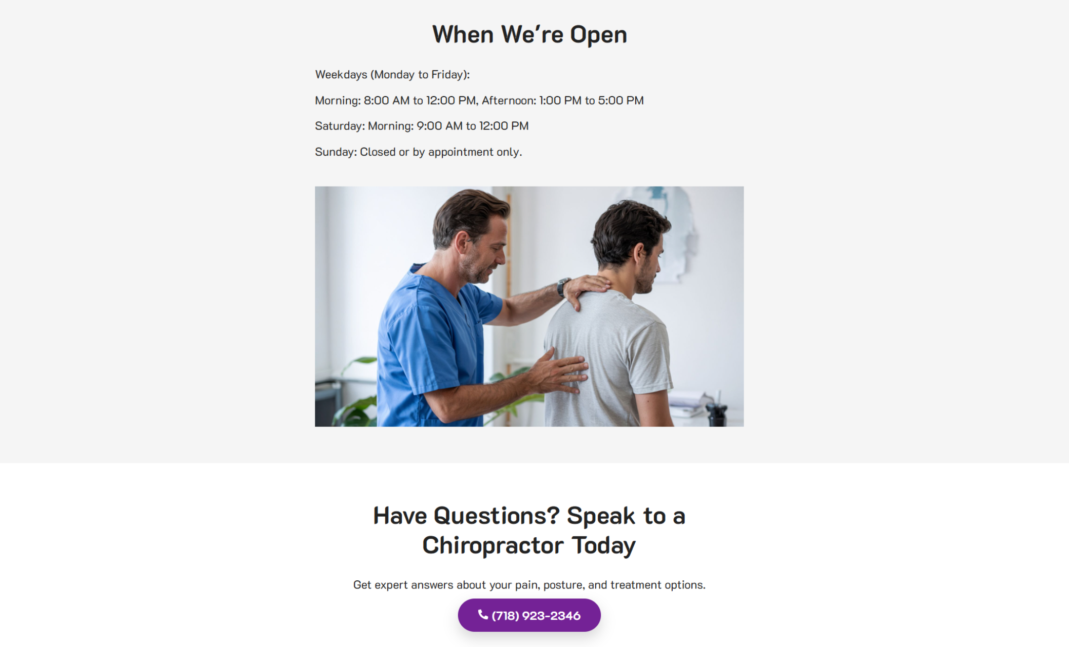 AlignCare Chiropractic's hours and contact section displaying operating times, a photo of a chiropractor assessing a male patient’s posture, and a purple button inviting users to call for expert advice