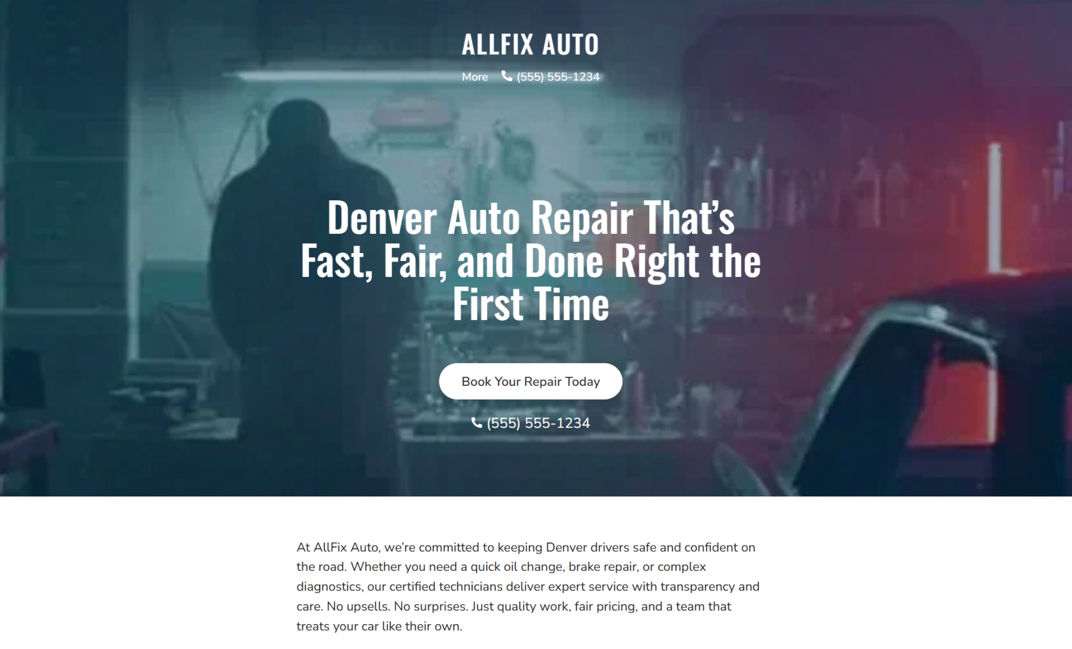 AllFix Auto homepage with a darkened workshop background and white headline reading “Denver Auto Repair That’s Fast, Fair, and Done Right the First Time” above a white “Book Your Repair Today” button and phone number
