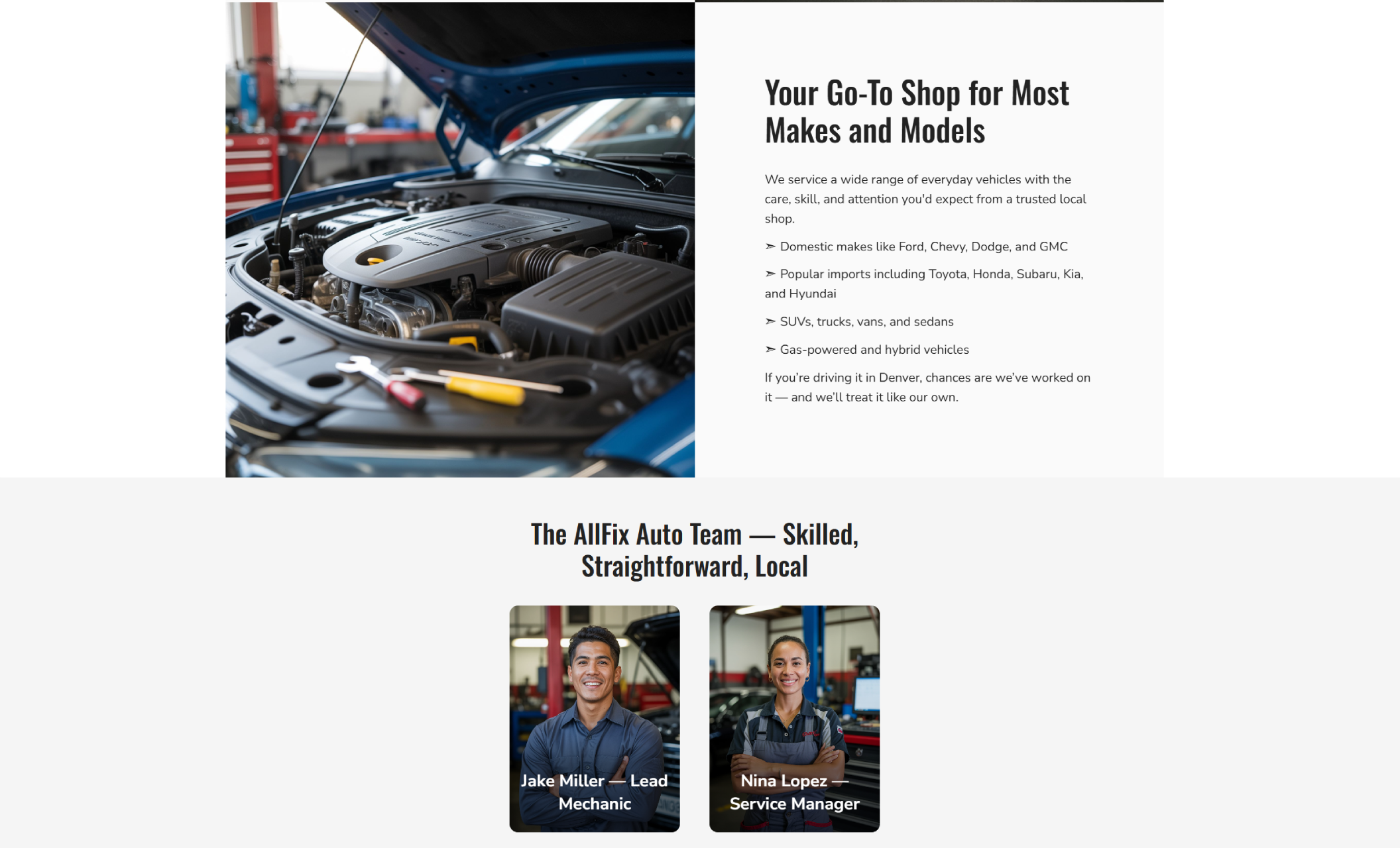 AllFix Auto service section featuring a close-up of a car engine with tools resting on top beside text listing supported makes and models, followed by two portrait cards introducing Lead Mechanic Jake Miller and Service Manager Nina Lopez