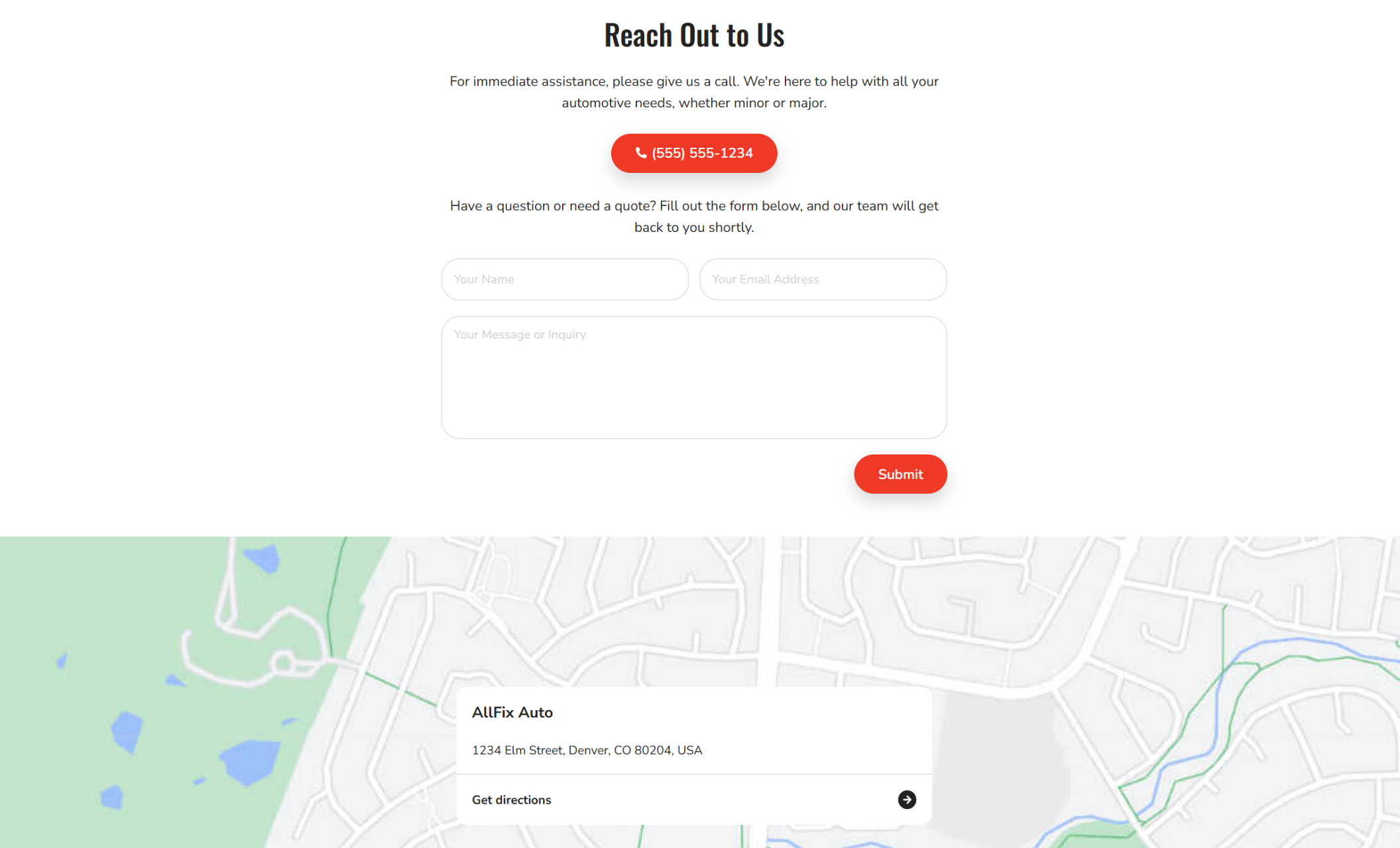 AllFix Auto contact section with a bold “Reach Out to Us” headline, red phone call button, contact form with fields for name, email, and message, and an embedded map showing the shop’s location at 1234 Elm Street, Denver, CO