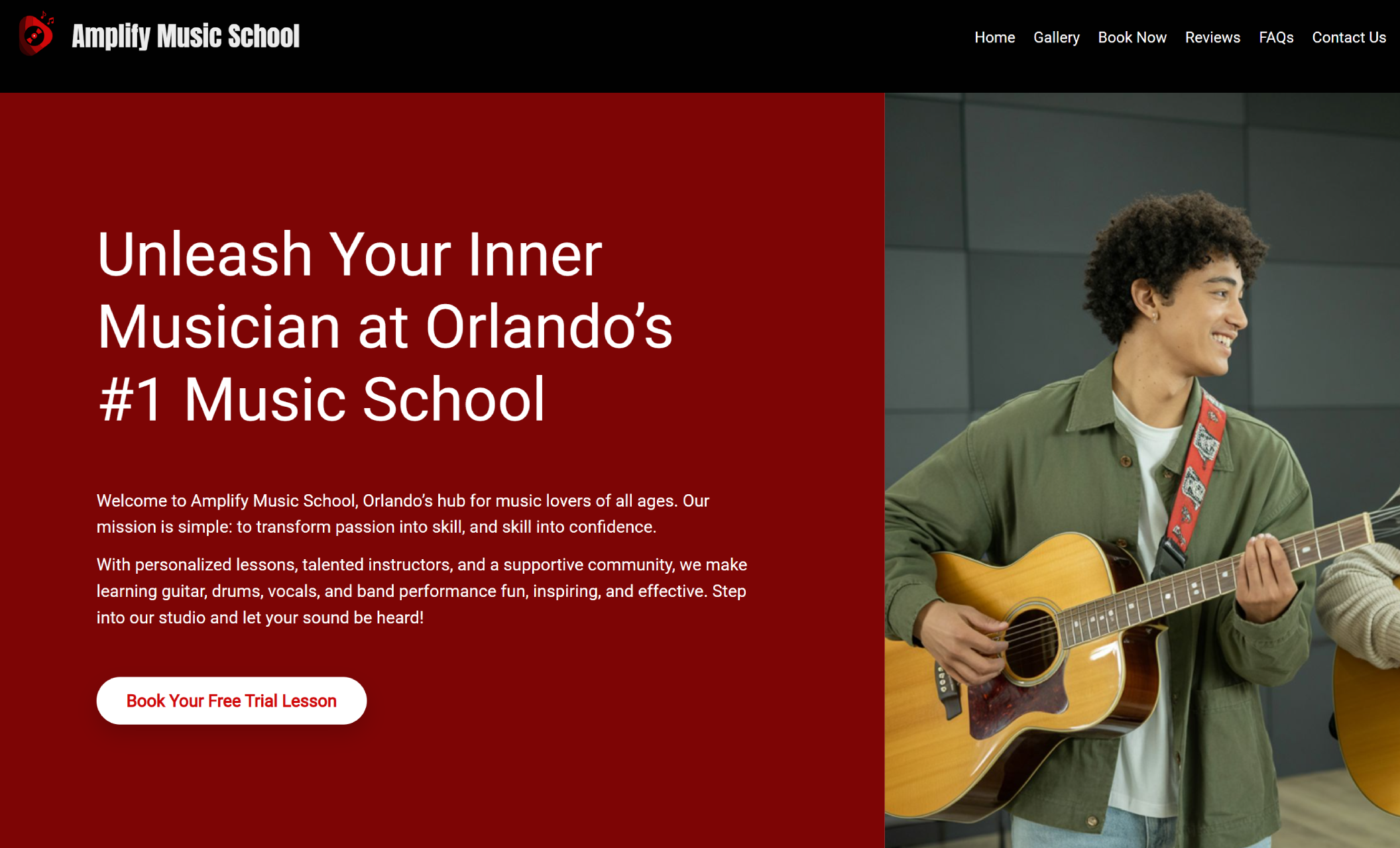 Amplify Music School homepage featuring a smiling student in a green jacket playing an acoustic guitar, beside the headline “Unleash Your Inner Musician at Orlando’s #1 Music School” and a white button that says “Book Your Free Trial Lesson.”
