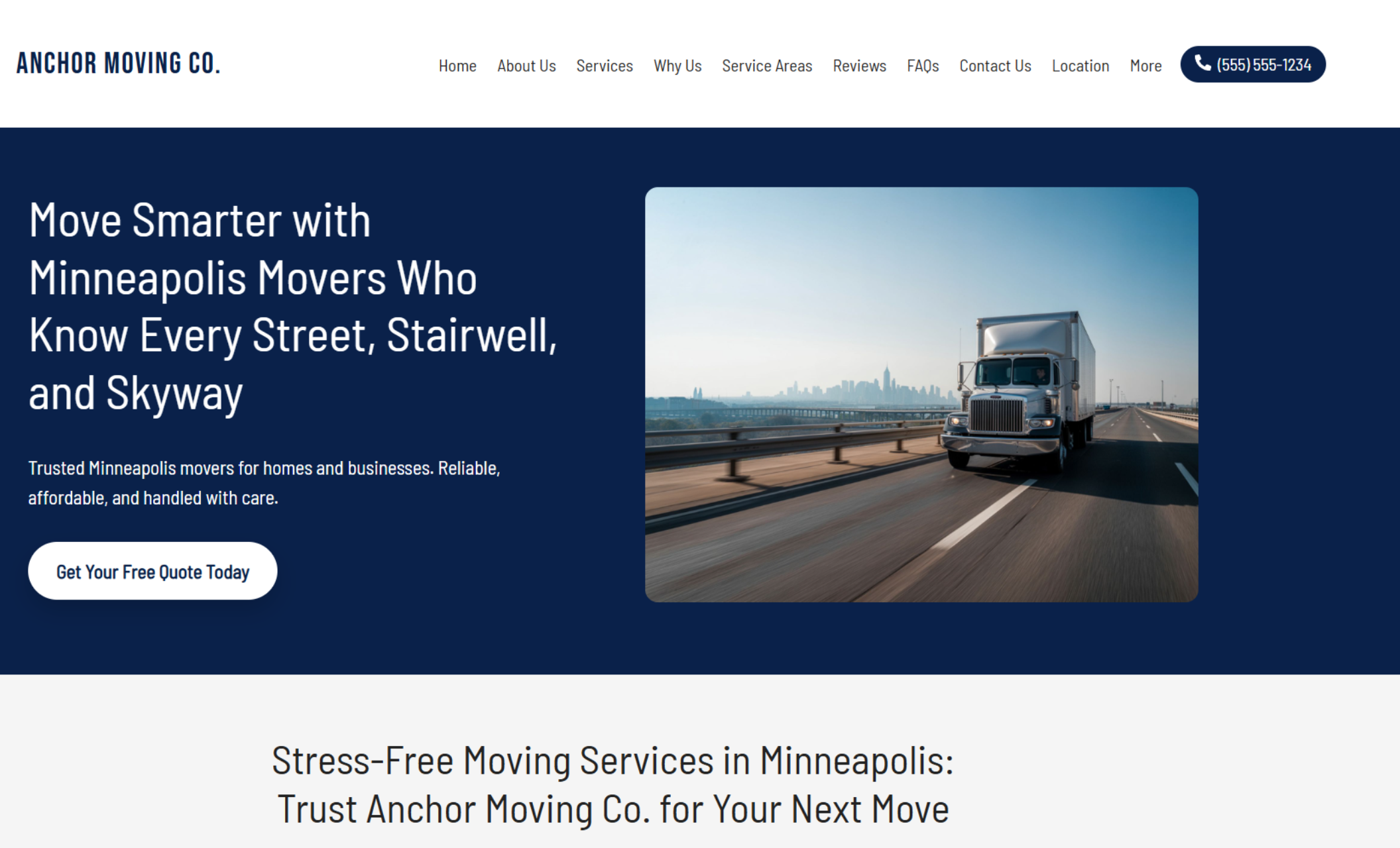 Anchor Moving Co. homepage hero section with a bold navy background, headline “Move Smarter with Minneapolis Movers Who Know Every Street, Stairwell, and Skyway,” and a photo of a moving truck driving toward the Minneapolis skyline