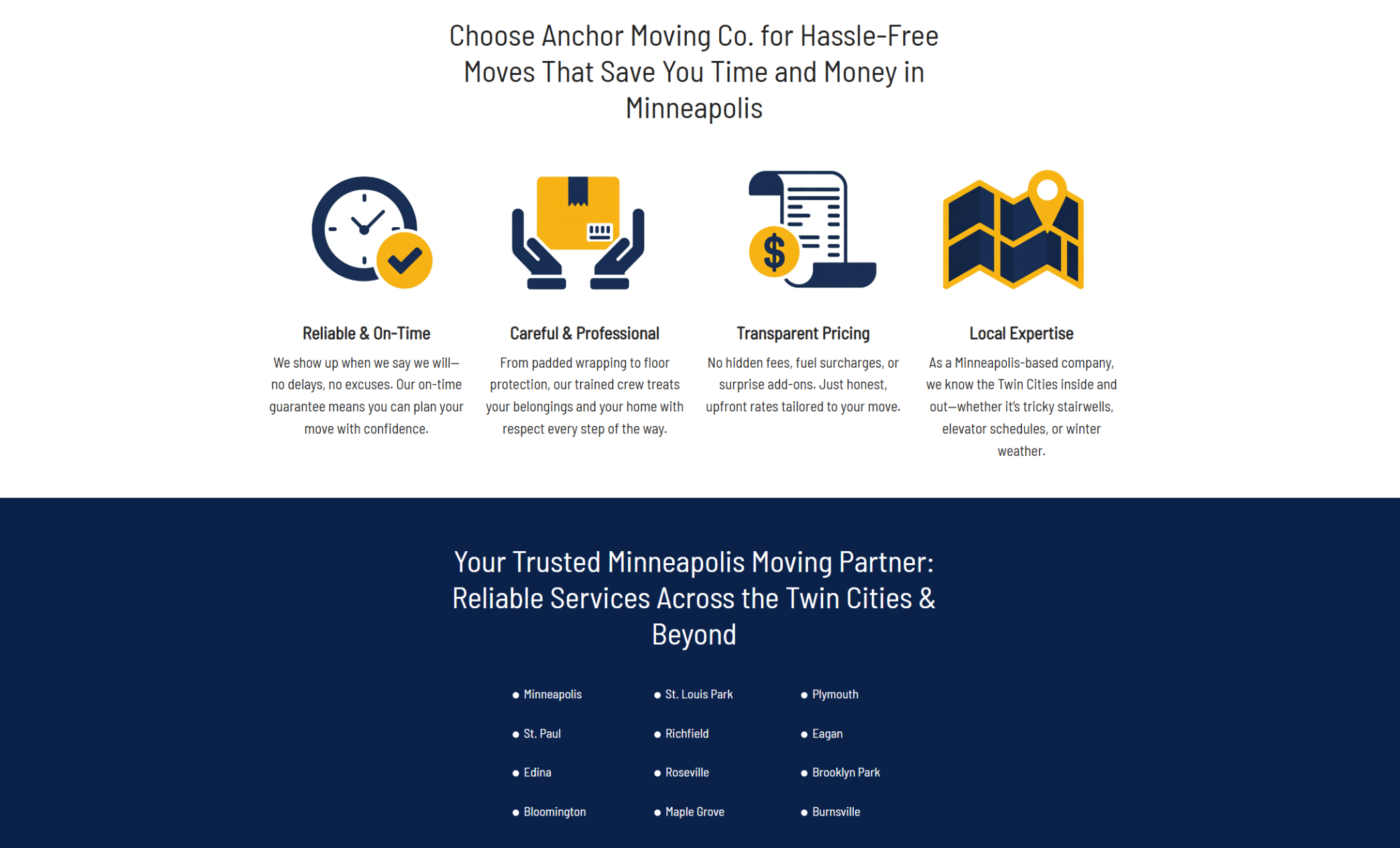 Anchor Moving Co. services and values section featuring four illustrated icons with text on reliability, professionalism, transparent pricing, and local expertise, plus a list of Twin Cities service areas