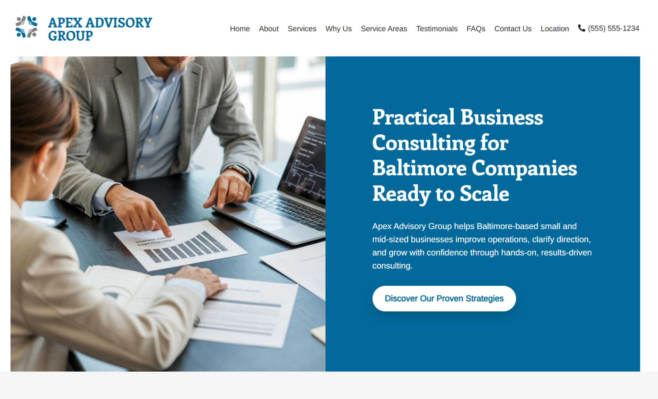 Apex Advisory Group homepage hero showing consultants reviewing charts at a desk beside the headline “Practical Business Consulting for Baltimore Companies Ready to Scale” and a call-to-action button reading “Discover Our Proven Strategies.”