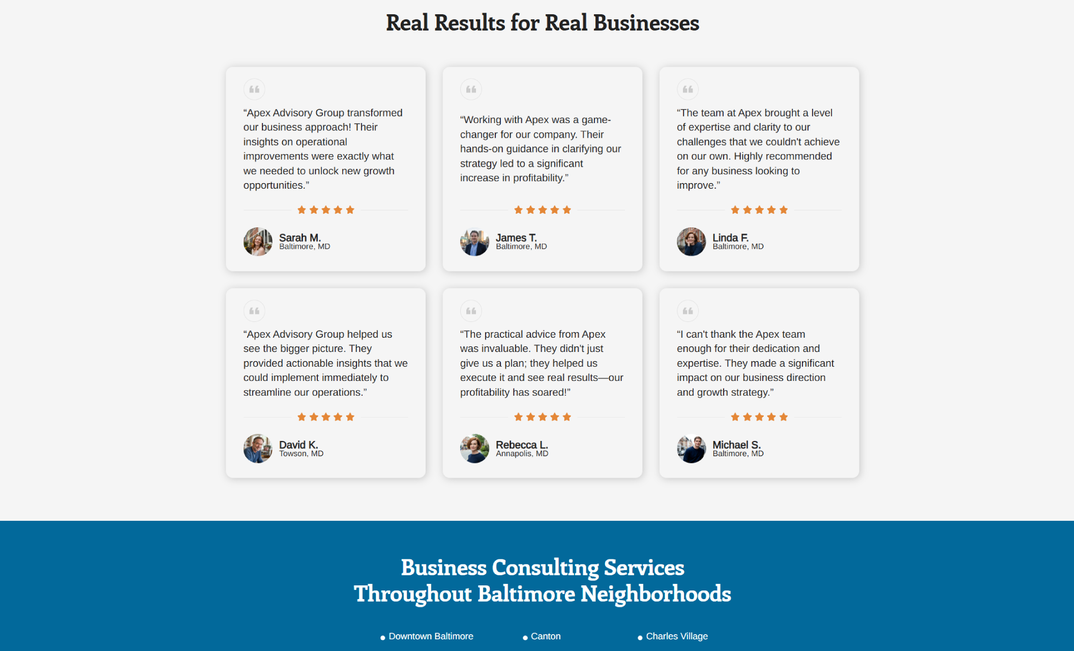 Apex Advisory Group testimonials section displaying six five-star client reviews with names and locations, under the headline “Real Results for Real Businesses,” emphasizing trust and proven consulting outcomes