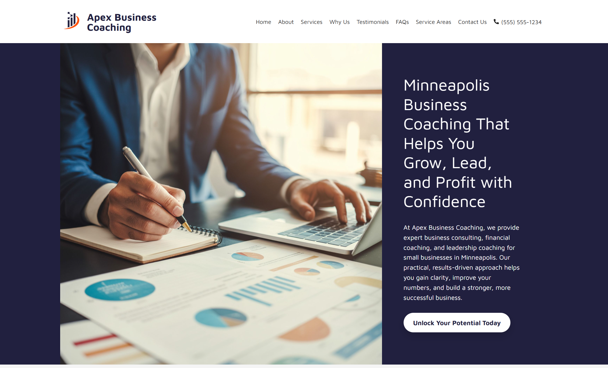 Apex Business Coaching homepage featuring a professional workspace image beside the headline “Minneapolis Business Coaching That Helps You Grow, Lead, and Profit with Confidence” and a call-to-action button