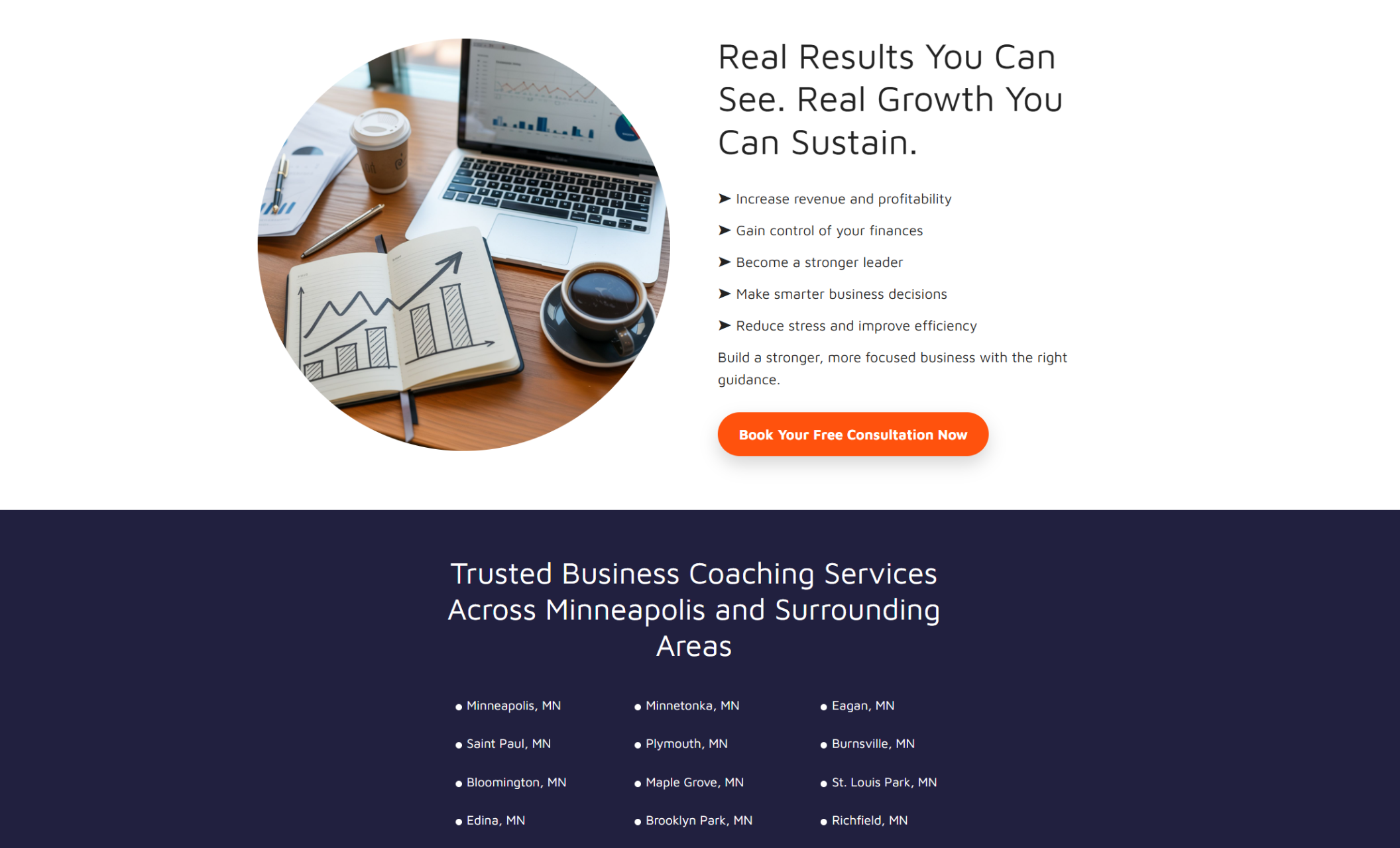 Apex Business Coaching results section featuring the headline “Real Results You Can See. Real Growth You Can Sustain,” with a checklist of benefits and a bold consultation button