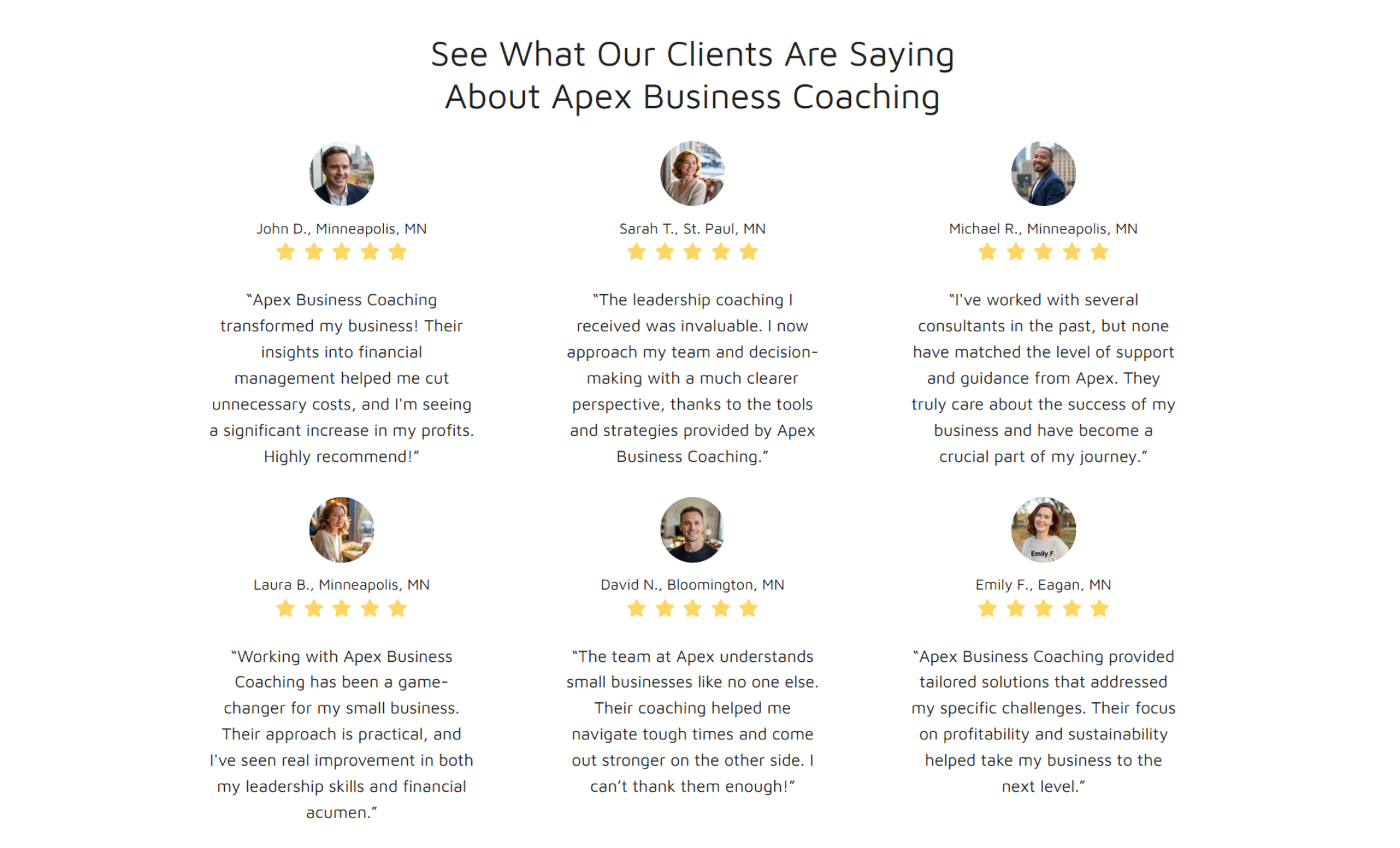 Apex Business Coaching testimonials section displaying client reviews with star ratings, headshots, and quotes highlighting business growth, leadership improvement, and financial success across Minneapolis-area clients