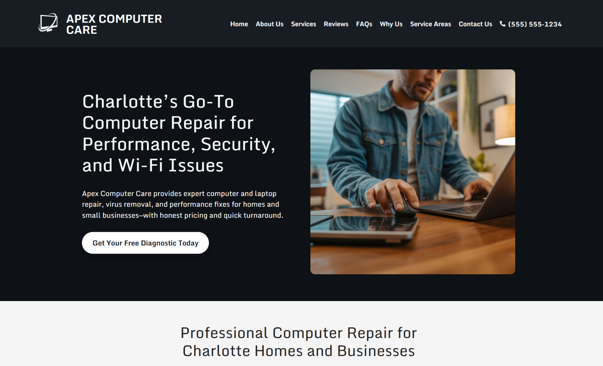 Apex Computer Care homepage hero with a technician using a laptop at a wooden desk beside the headline “Charlotte’s Go-To Computer Repair for Performance, Security, and Wi-Fi Issues” and a white button that says “Get Your Free Diagnostic Today.”