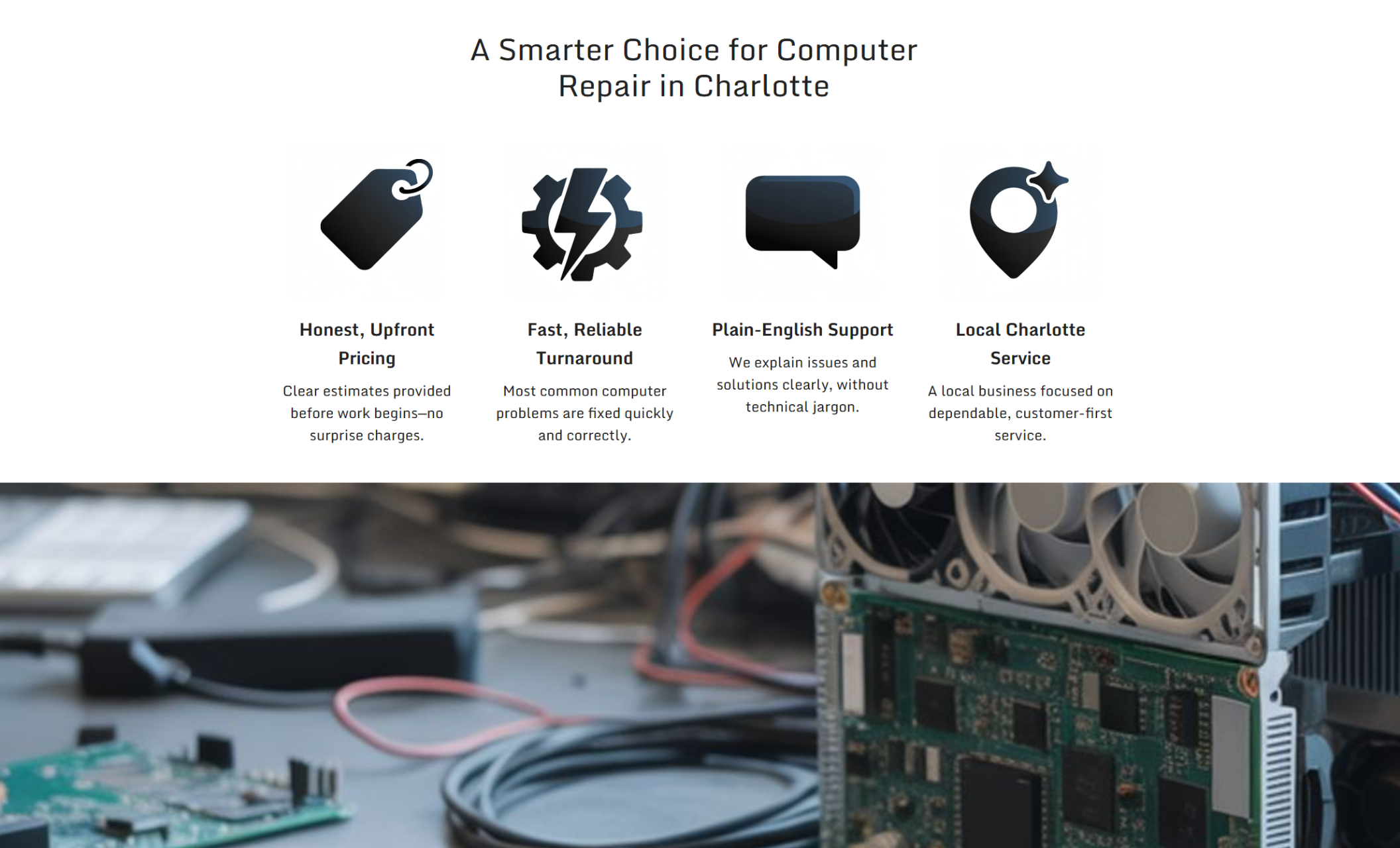 Apex Computer Care “Why Us” section featuring four black icons labeled Honest, Upfront Pricing, Fast Turnaround, Plain-English Support, and Local Charlotte Service above a close-up photo of computer hardware inside a repair workspace