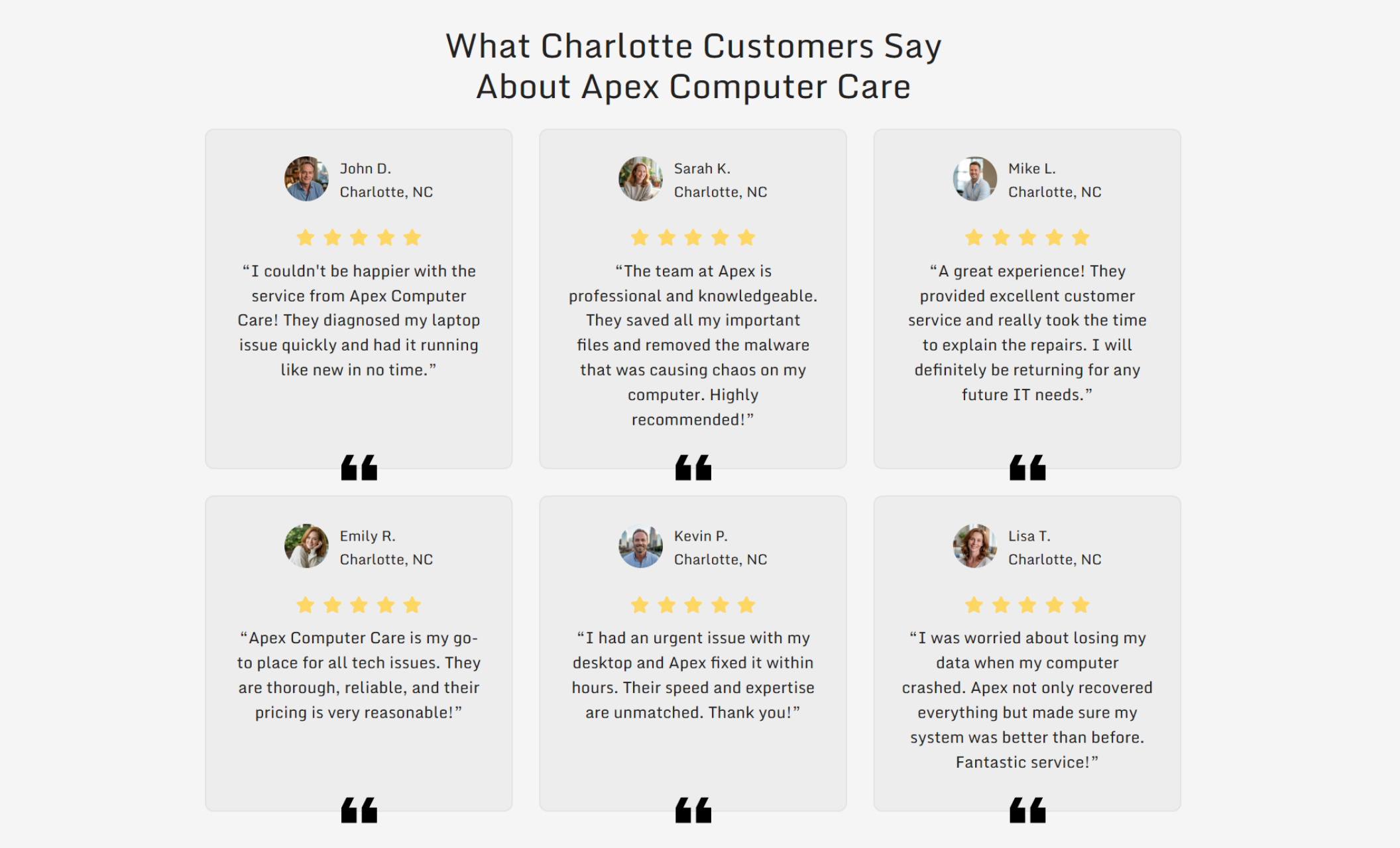 Apex Computer Care reviews section showing six five-star customer testimonials from Charlotte, North Carolina, each displayed in clean white cards with customer names, profile photos, and quotes praising fast, professional computer repair service