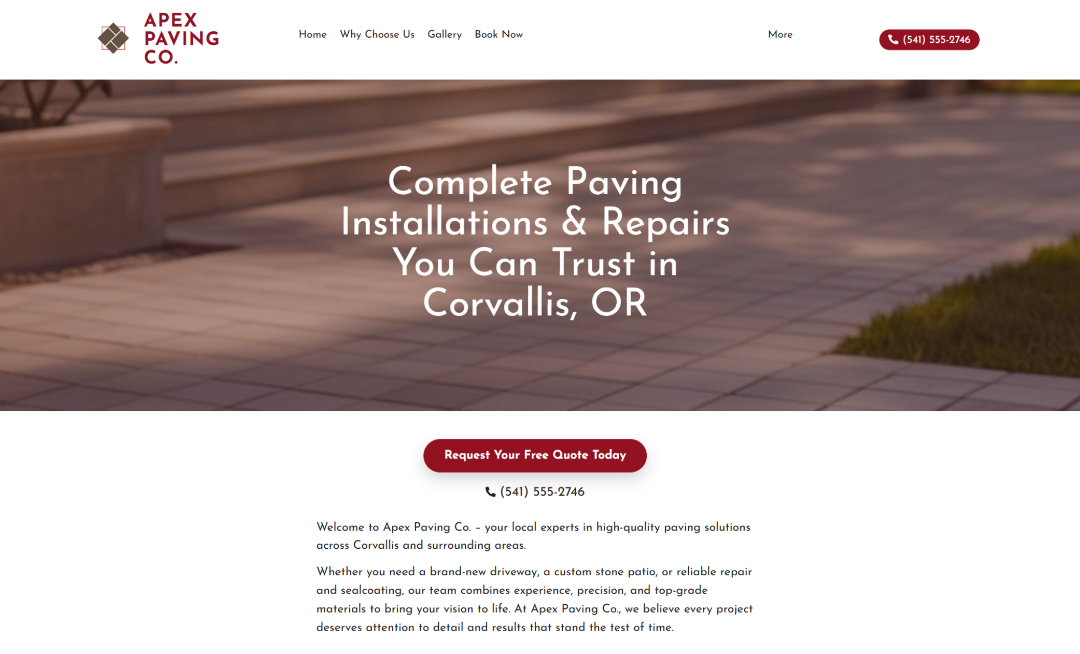 Apex Paving Co. homepage hero section with a paved patio background, bold headline reading “Complete Paving Installations & Repairs You Can Trust in Corvallis, OR,” and a prominent red button for free quotes