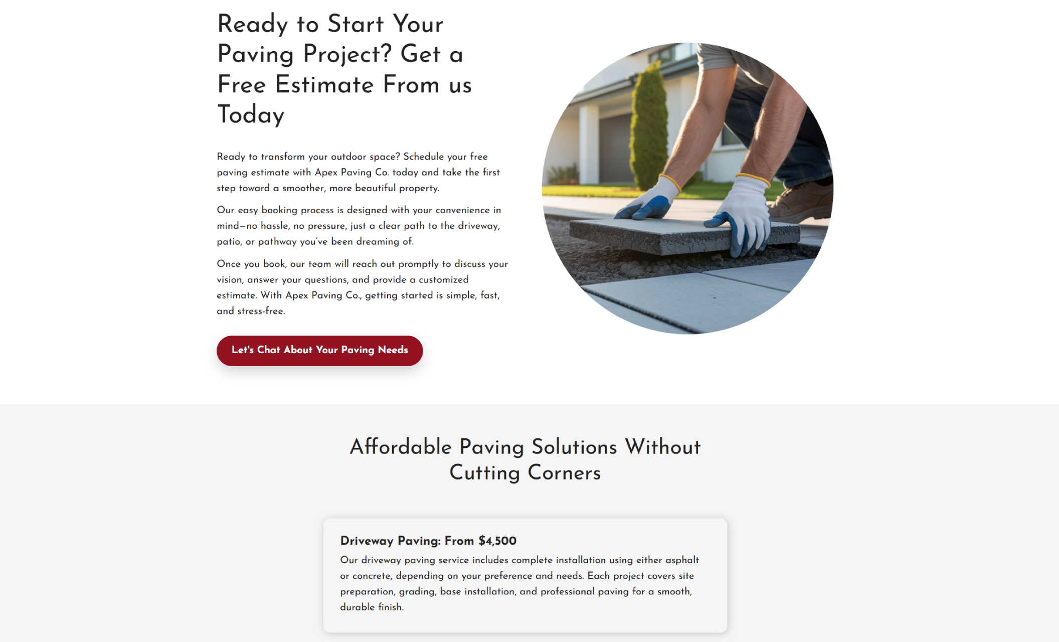 Apex Paving Co. website section with a circular photo of a worker placing paving stones by hand, paired with a headline inviting visitors to request a free estimate and a red call-to-action button
