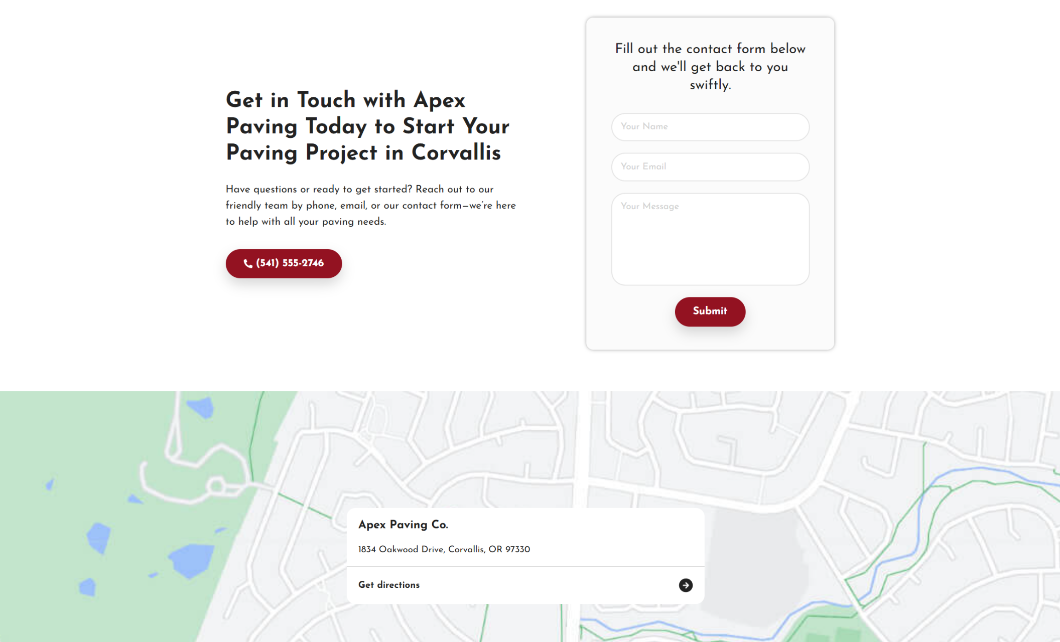 Apex Paving Co. contact section featuring a red phone button, a white contact form with name, email, and message fields, and a map highlighting the company’s Corvallis, OR location