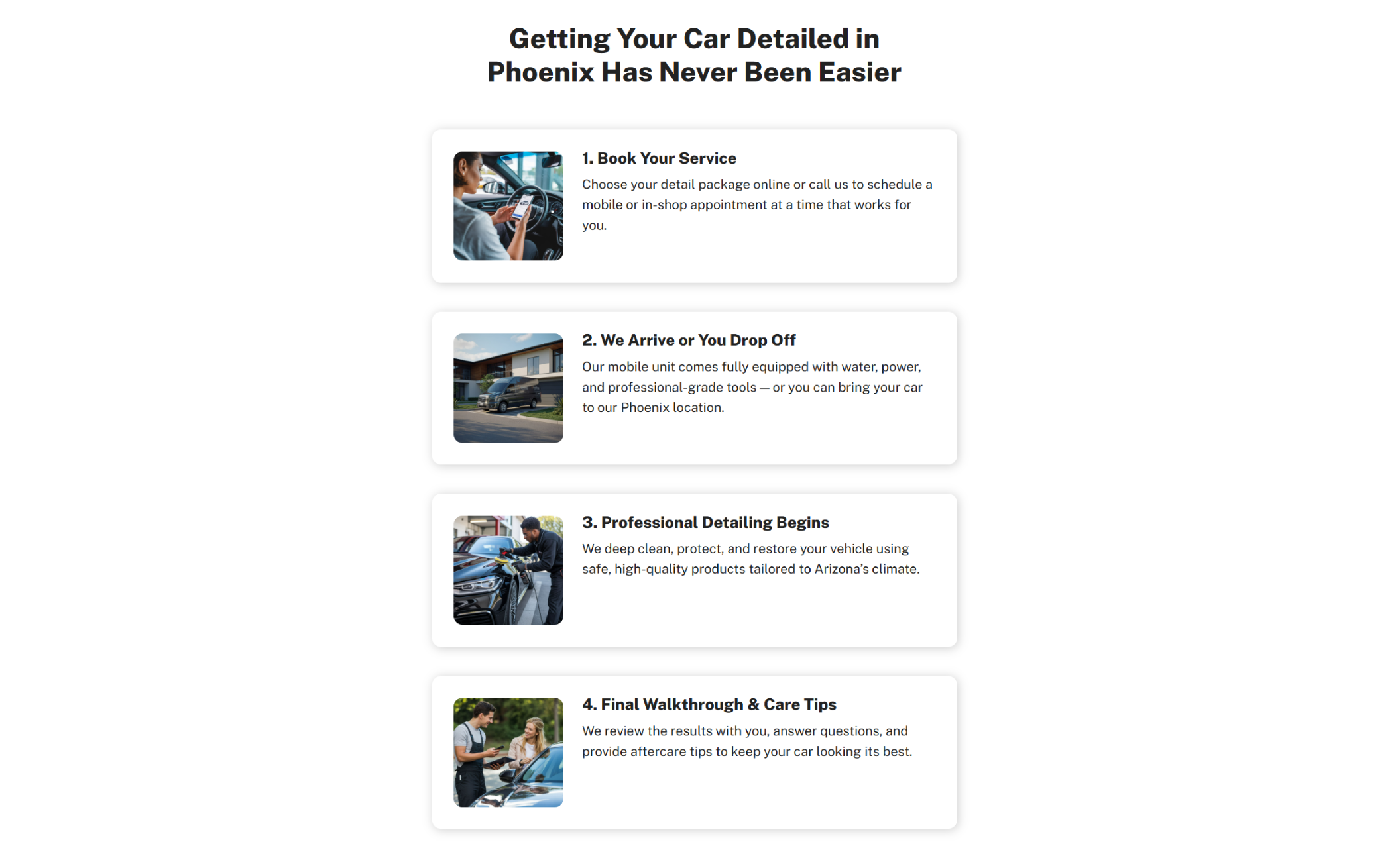 Apex Shine Detailing process section displaying four illustrated steps with photos of technicians, titled Book Your Service, We Arrive or You Drop Off, Professional Detailing Begins, and Final Walkthrough & Care Tips