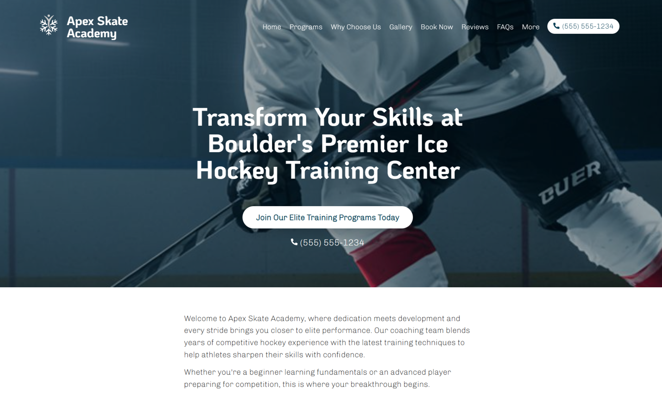 Apex Skate Academy homepage hero displaying a close-up action shot of a hockey player skating with a stick beneath the headline ‘Transform Your Skills at Boulder’s Premier Ice Hockey Training Center’ and a button labeled ‘Join Our Elite Training Programs Today.’