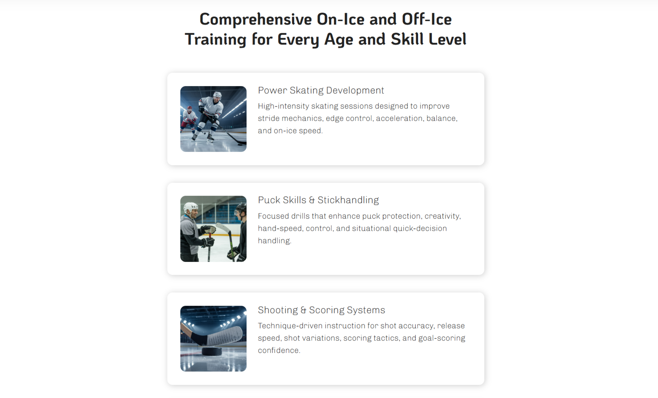 Apex Skate Academy training programs section showing three image cards—Power Skating Development, Puck Skills & Stickhandling, and Shooting & Scoring Systems—beneath the headline ‘Comprehensive On-Ice and Off-Ice Training for Every Age and Skill Level.’