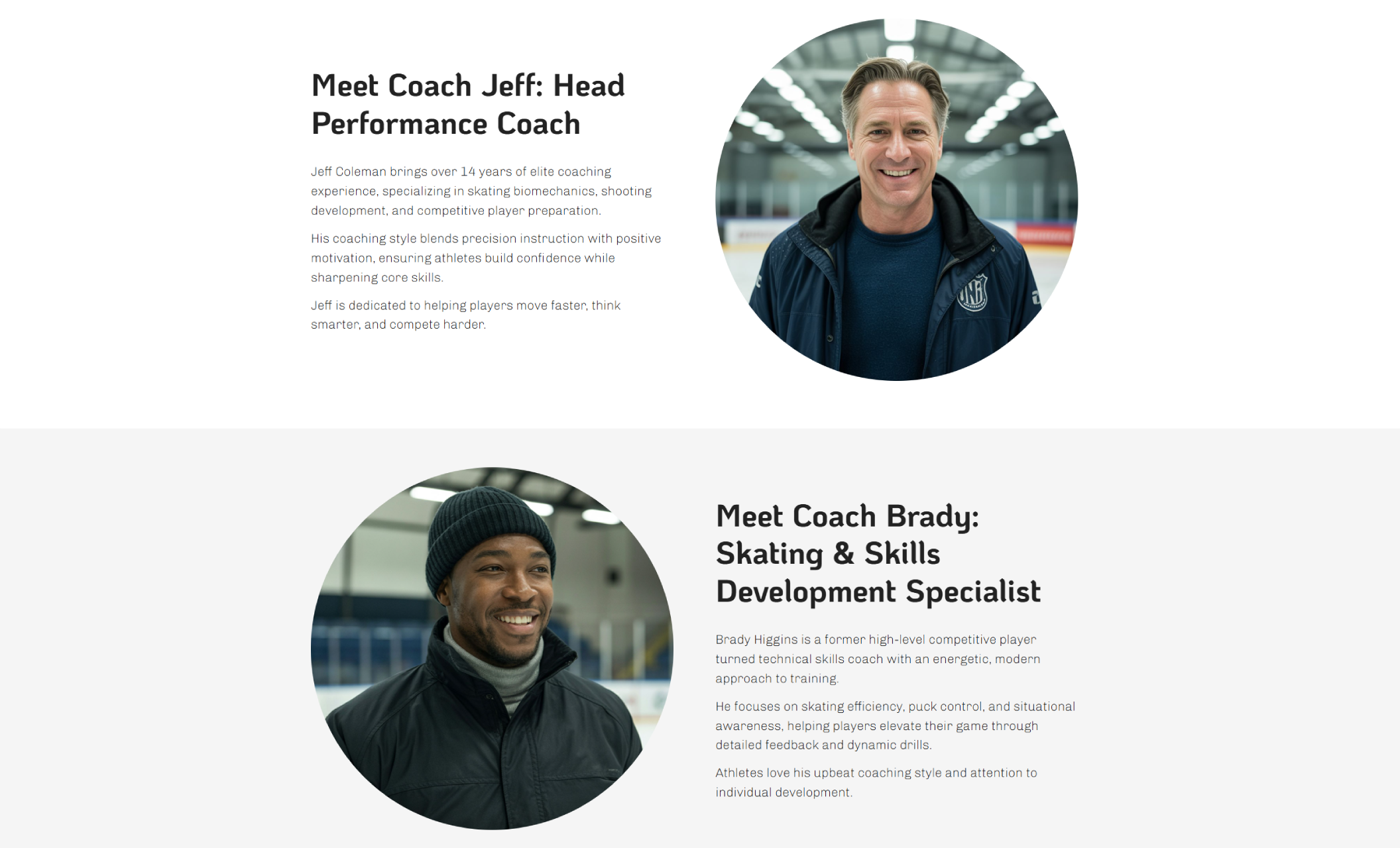 Apex Skate Academy coach introduction section featuring smiling portraits of Coach Jeff and Coach Brady beside detailed bios under the headlines ‘Meet Coach Jeff: Head Performance Coach’ and ‘Meet Coach Brady: Skating & Skills Development Specialist.’
