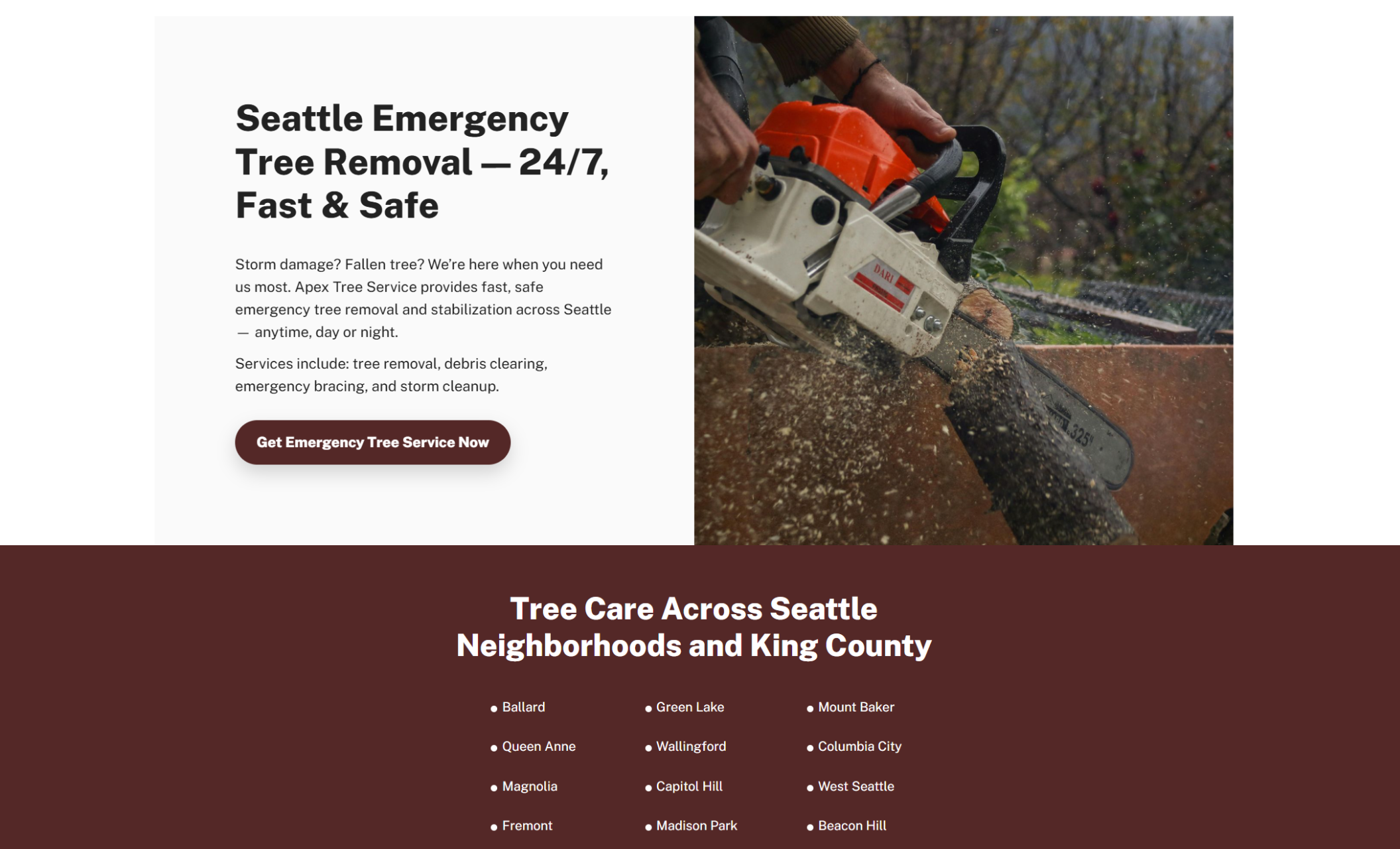 Apex Tree Service emergency services section featuring a worker cutting a fallen tree with a chainsaw, the headline “Seattle Emergency Tree Removal—24/7, Fast & Safe,” and a service area list of Seattle neighborhoods