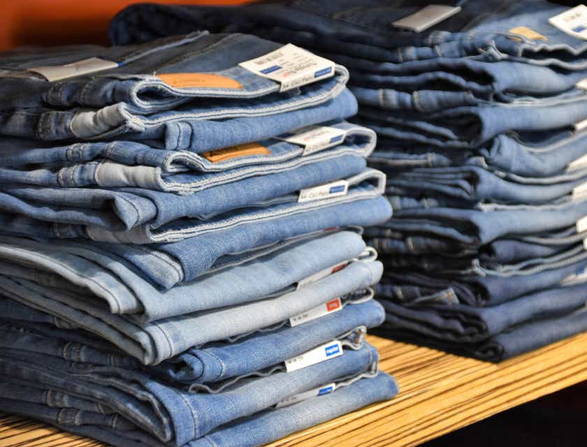Tumpukan jeans pada rak apparel sebuah toko pakaian.