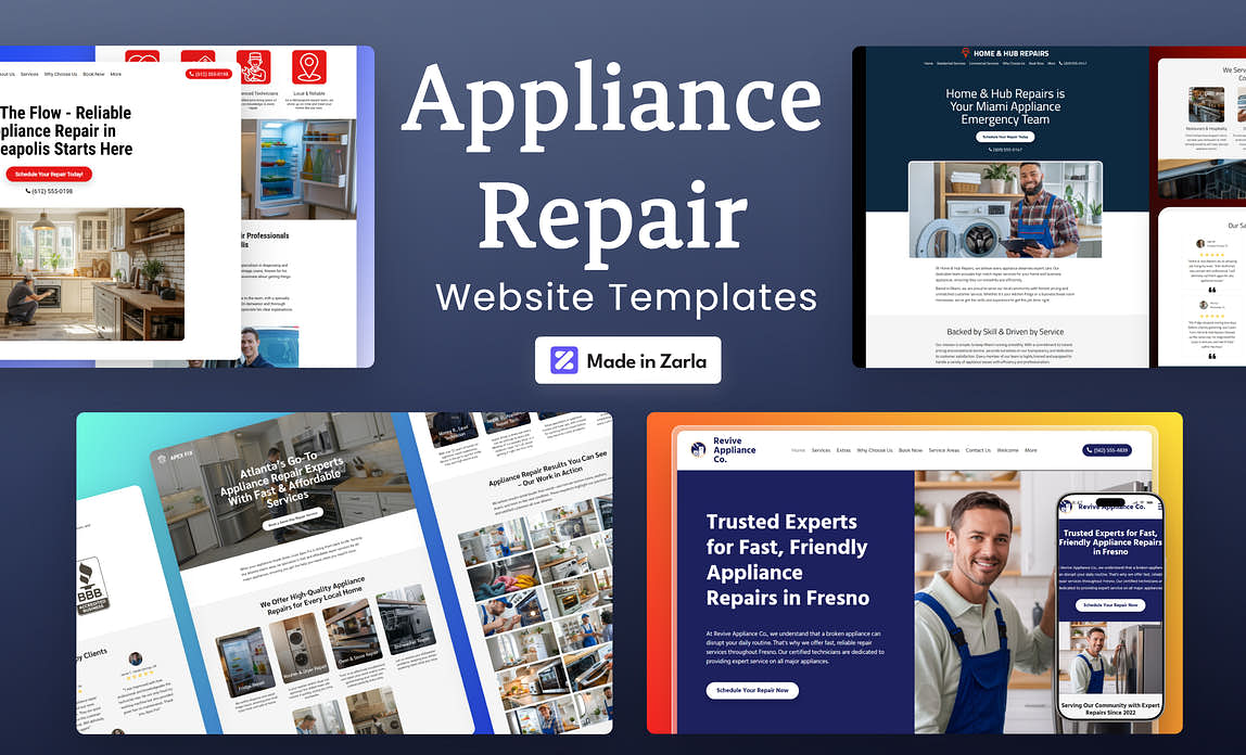 Collection of appliance repair website templates created with Zarla
