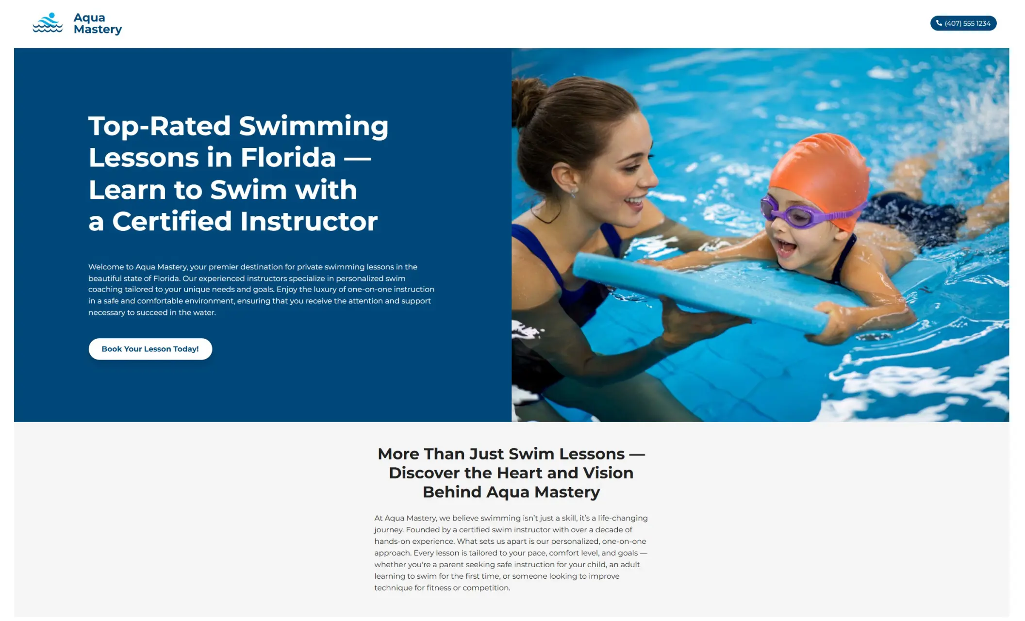 Aqua Mastery's homepage featuring the image of a student swimming with his instructor, company branding, call-to-action button, and two brief introductions of the company
