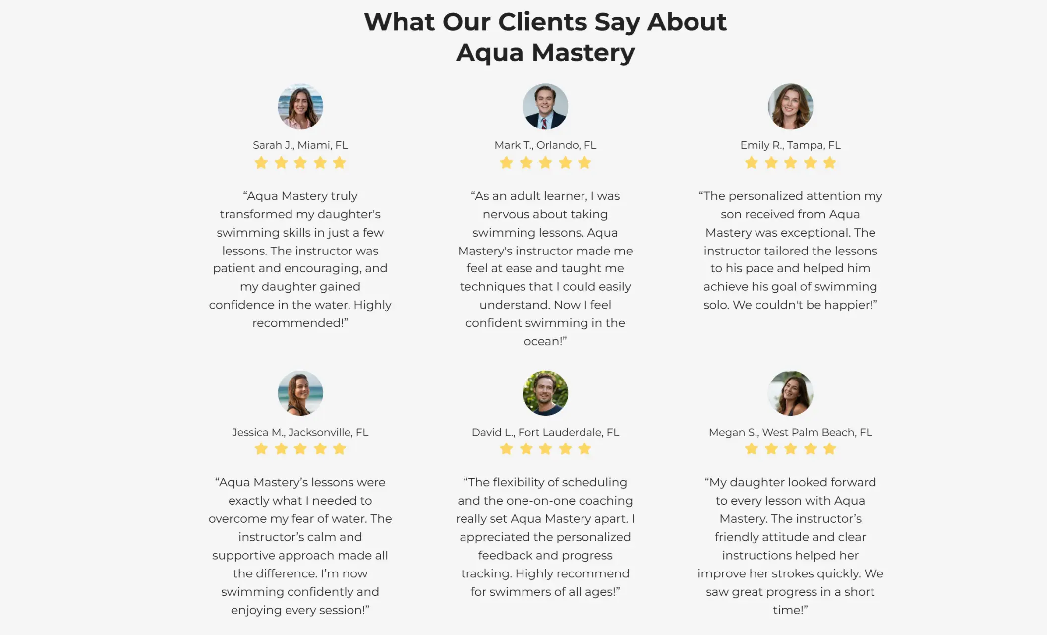 Aqua Mastery's website displaying client testimonials