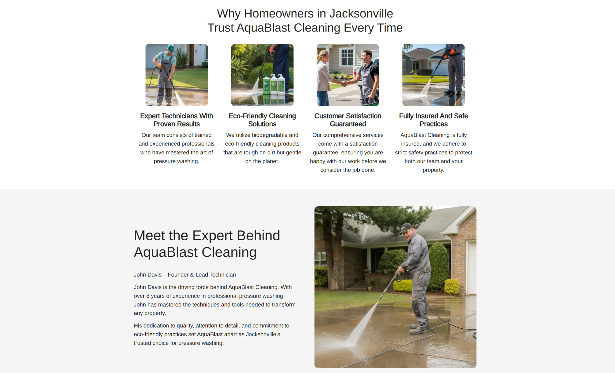 AquaBlast Cleaning “Meet the Expert” section introducing John Davis, Founder & Lead Technician, with a photo of him pressure washing a driveway and a text block detailing his 8+ years of experience and dedication to eco-friendly practices